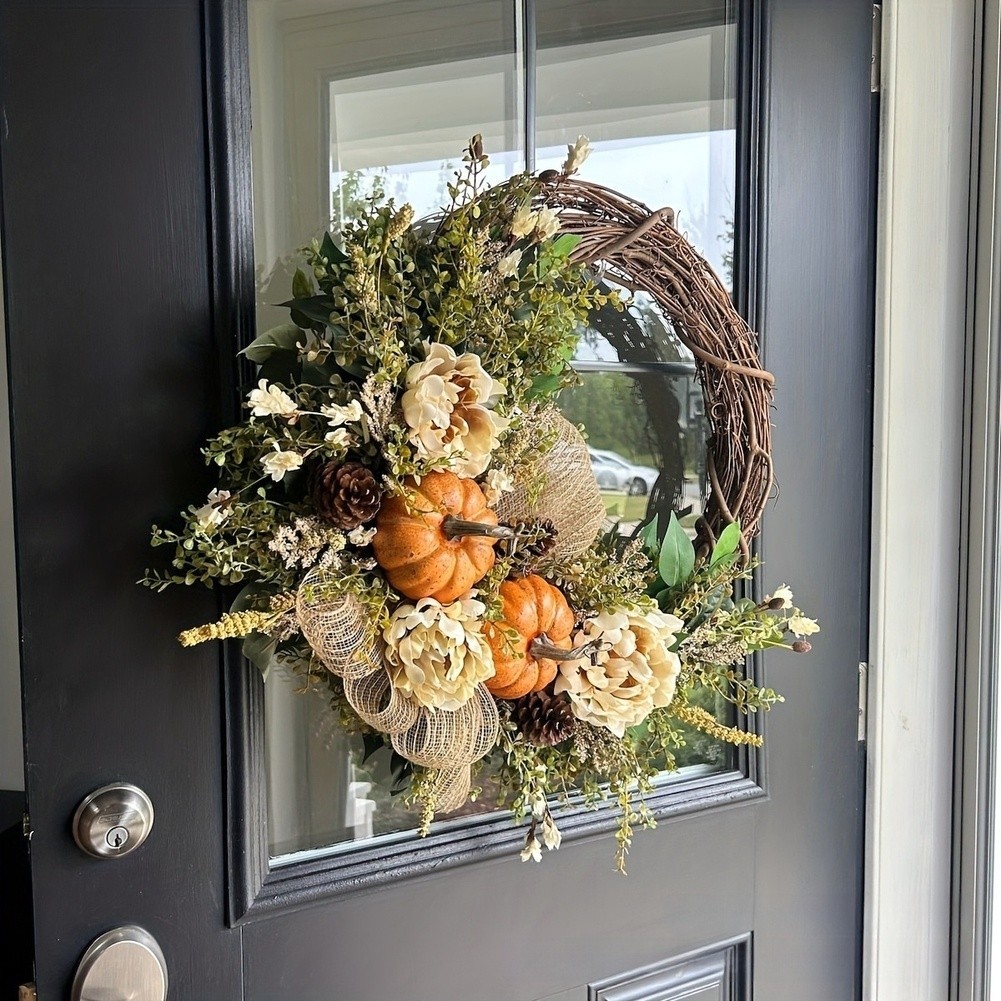 Autumn Wreath with Pumpkin Maple Leaf Eucalyptus Berries for Indoor Outdoor Use
