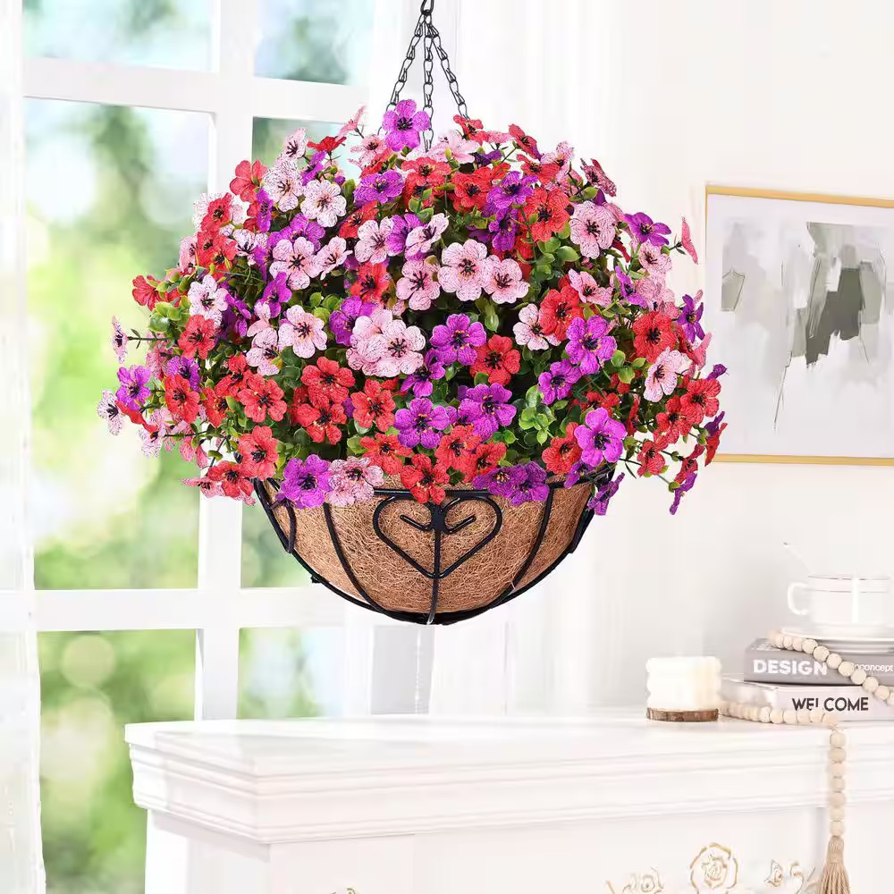 20.5 In. Red Pink Purple Outdoor Artificial Daisy Eucalyptus Hanging Flower