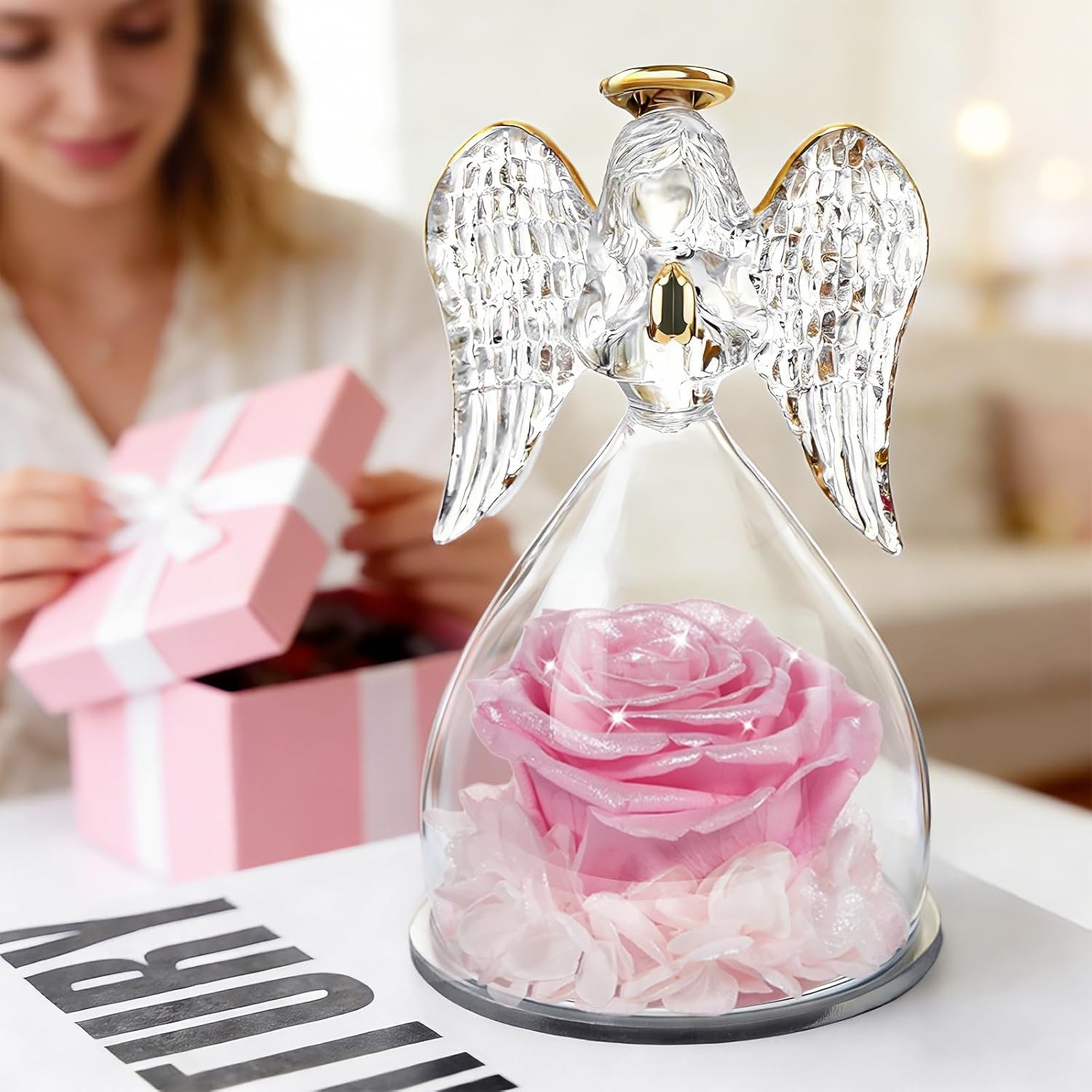 Angel Statue with Preserved Rose Gift Decorative Keepsake for Mom