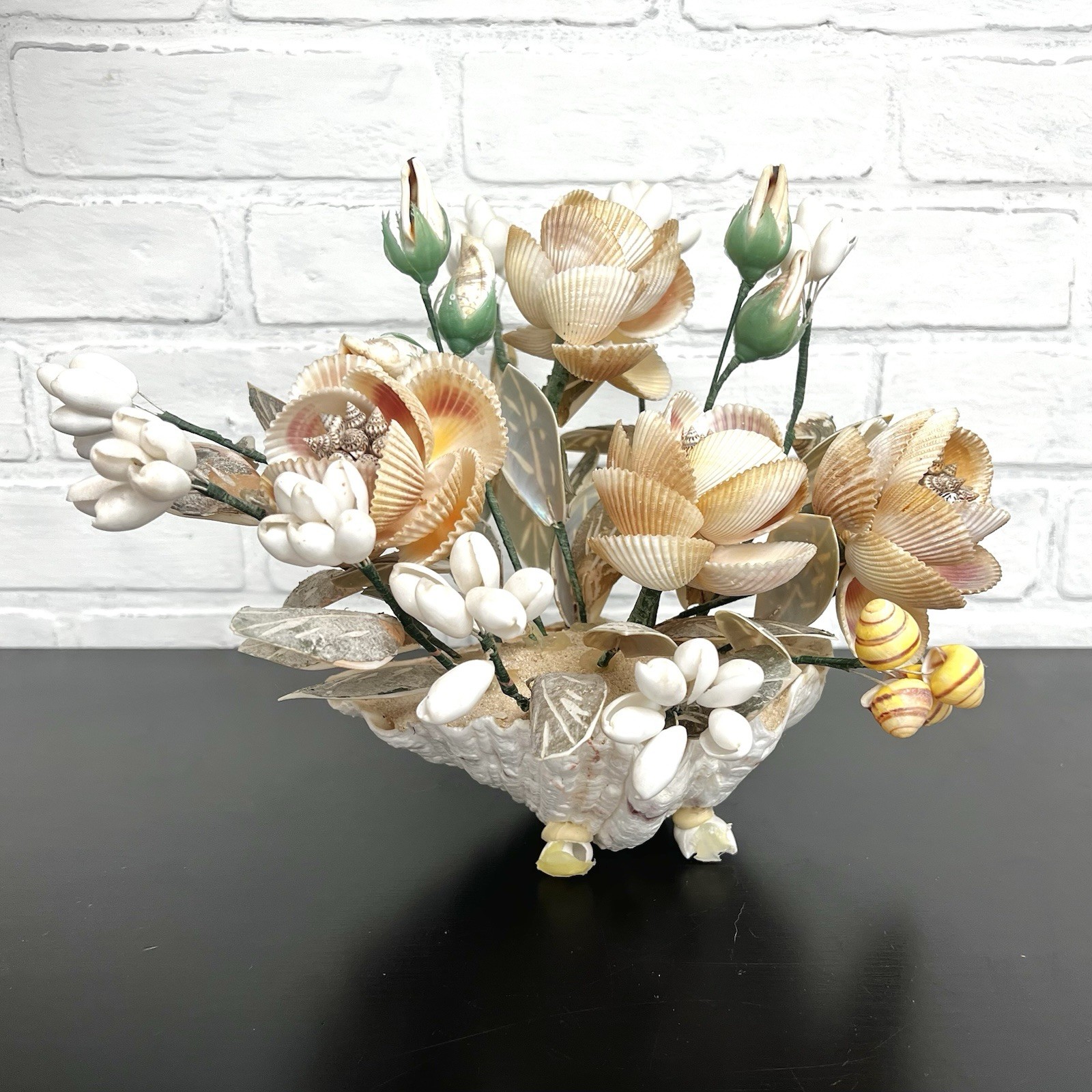 Vintage Shell Flower Arrangement Clam Shell Planter 12” Coastal Decor