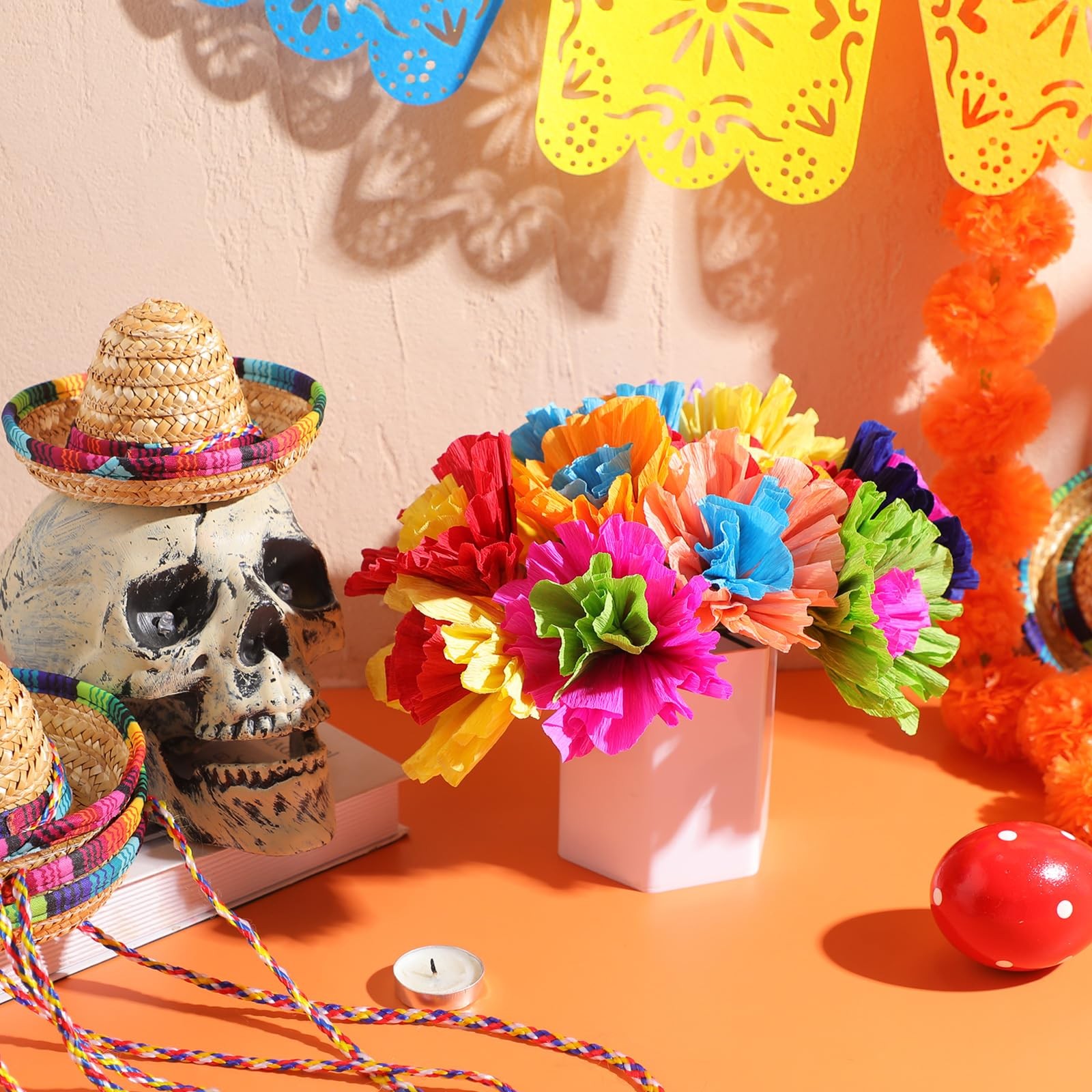 12 Pcs Mexican Artificial Rainbow Crepe Paper Flowers Bunch with Stems Mexica…