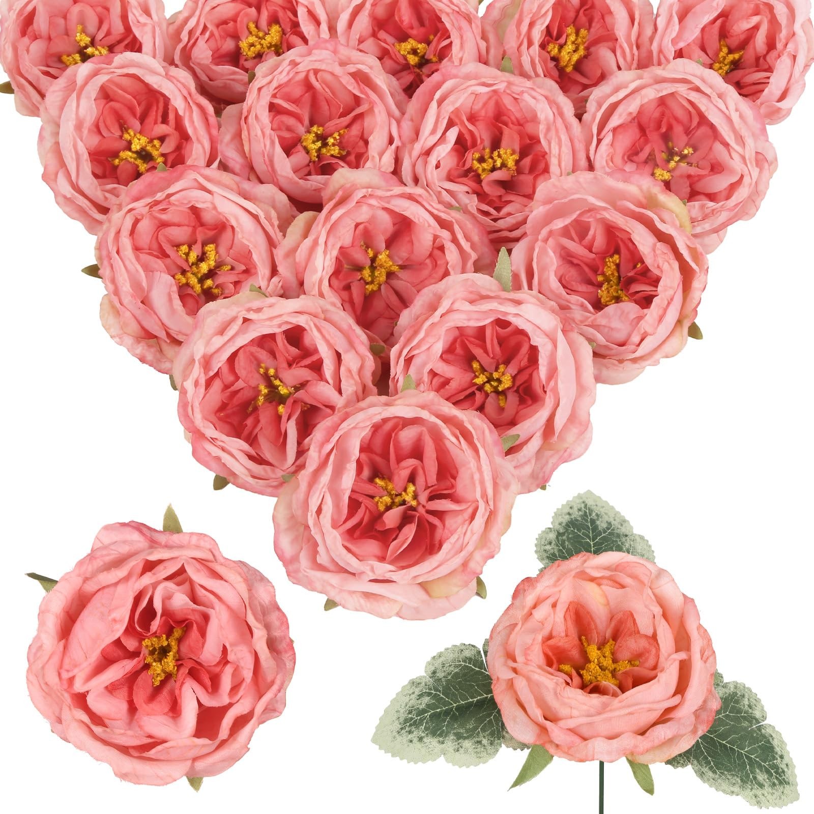 16Pcs Artificial Austin Rose Peonies Flowers with Stems Look Real Pink Fake P…