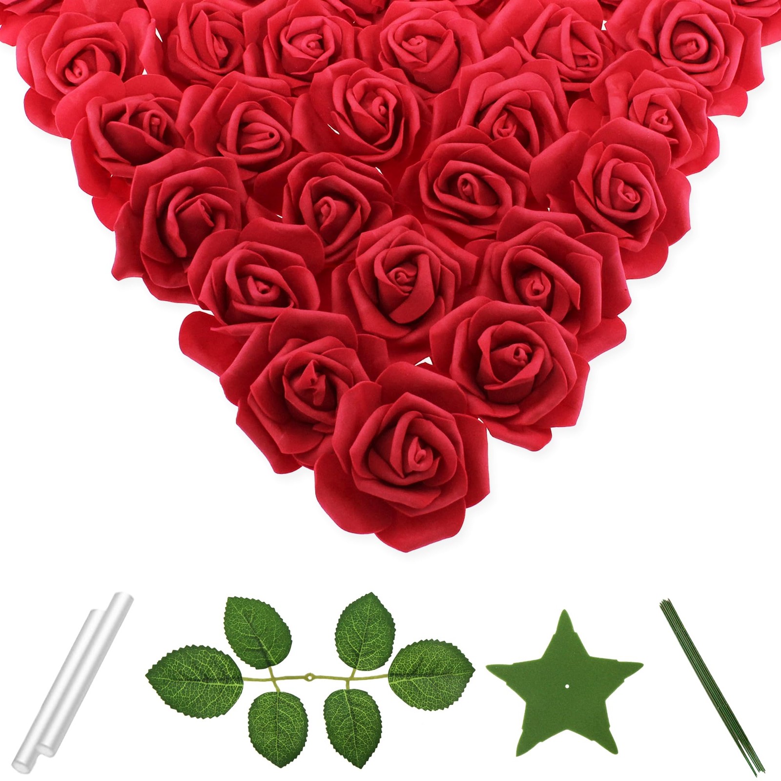 100 Pcs 3 Inch Artificial Flowers Bulk 5 in 1 Set Faux Foam Rose Head Set