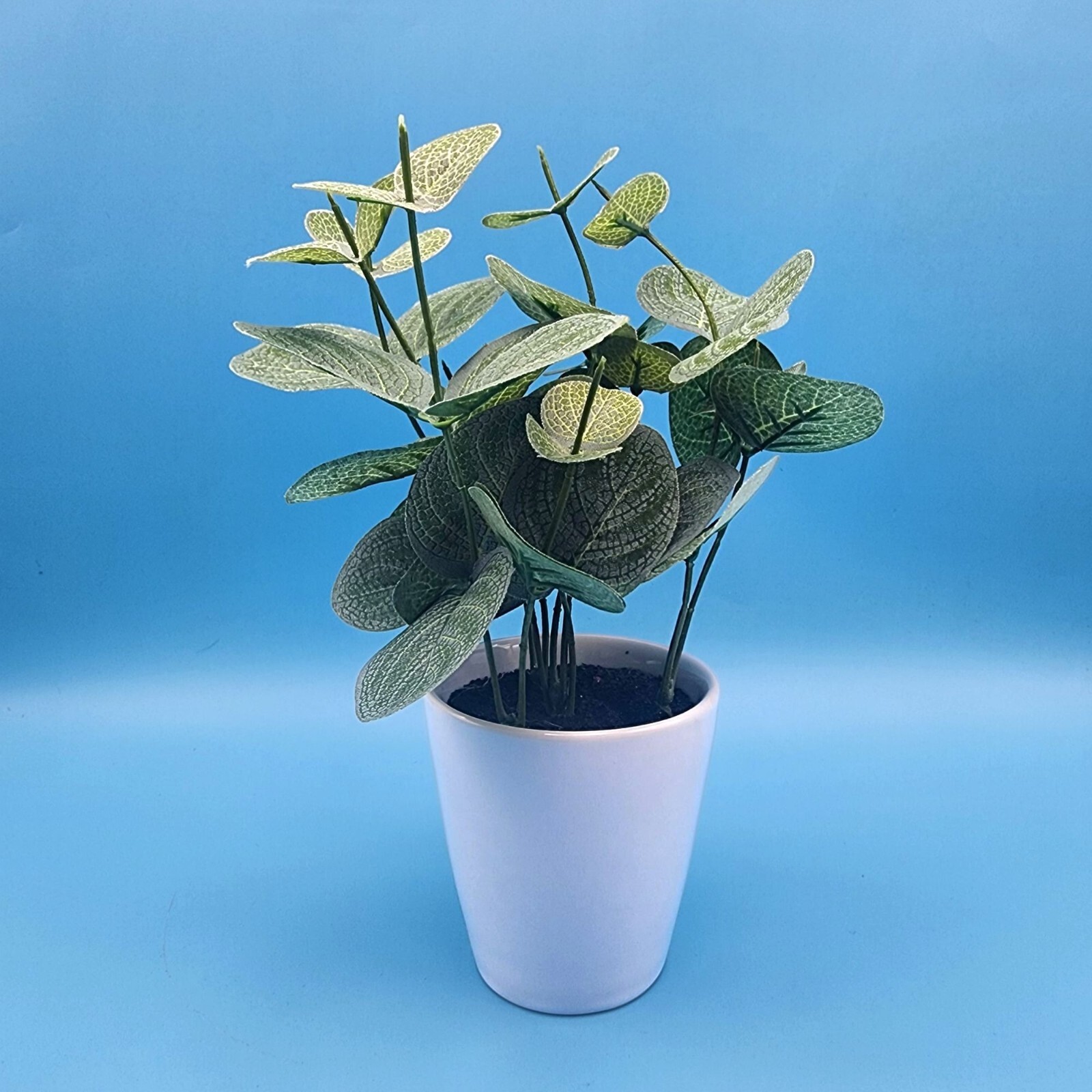 Faux Eucalyptus Potted Plant In White Ceramic Pot 8″ H Realistic Green Leaves