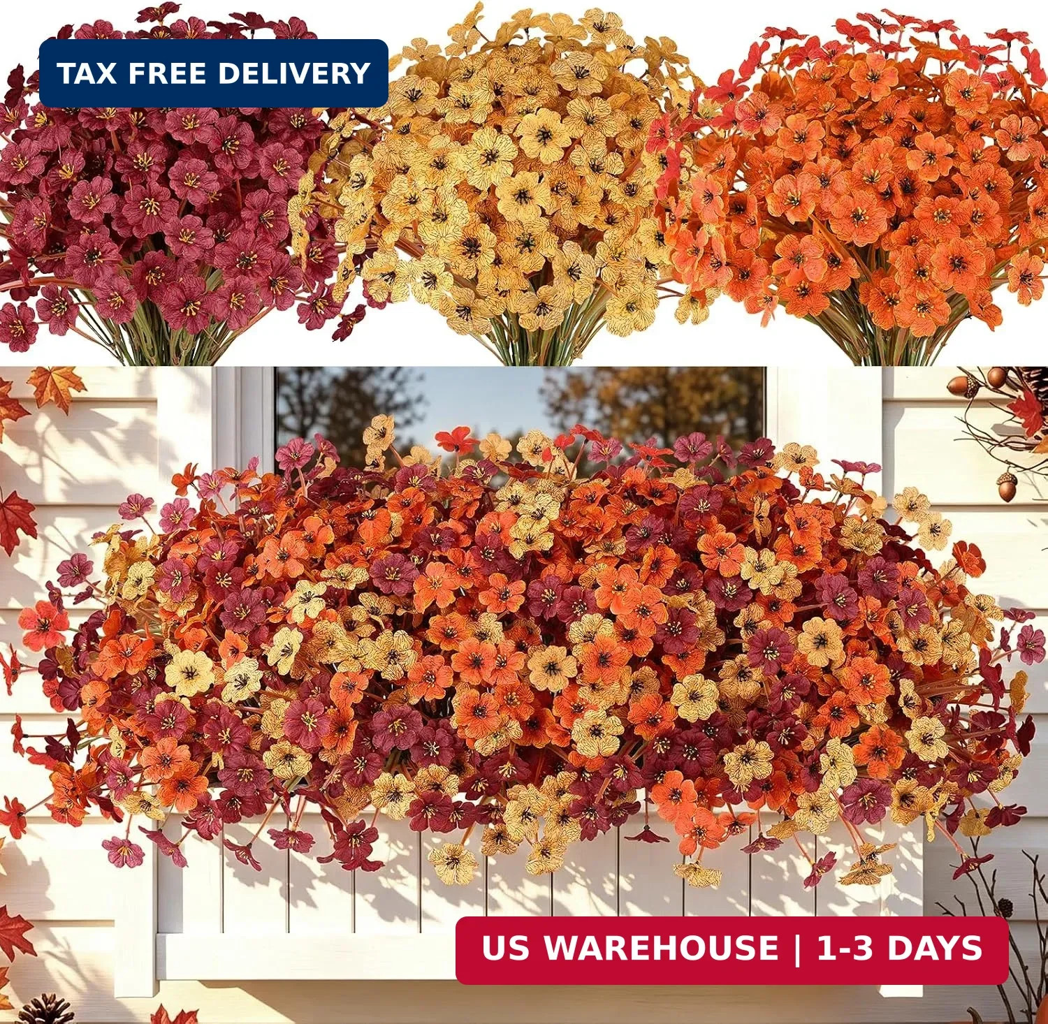 AmyHomie 20 PCS Artificial Fall Flowers for Outdoors, Orange Fake Mums | Fall De
