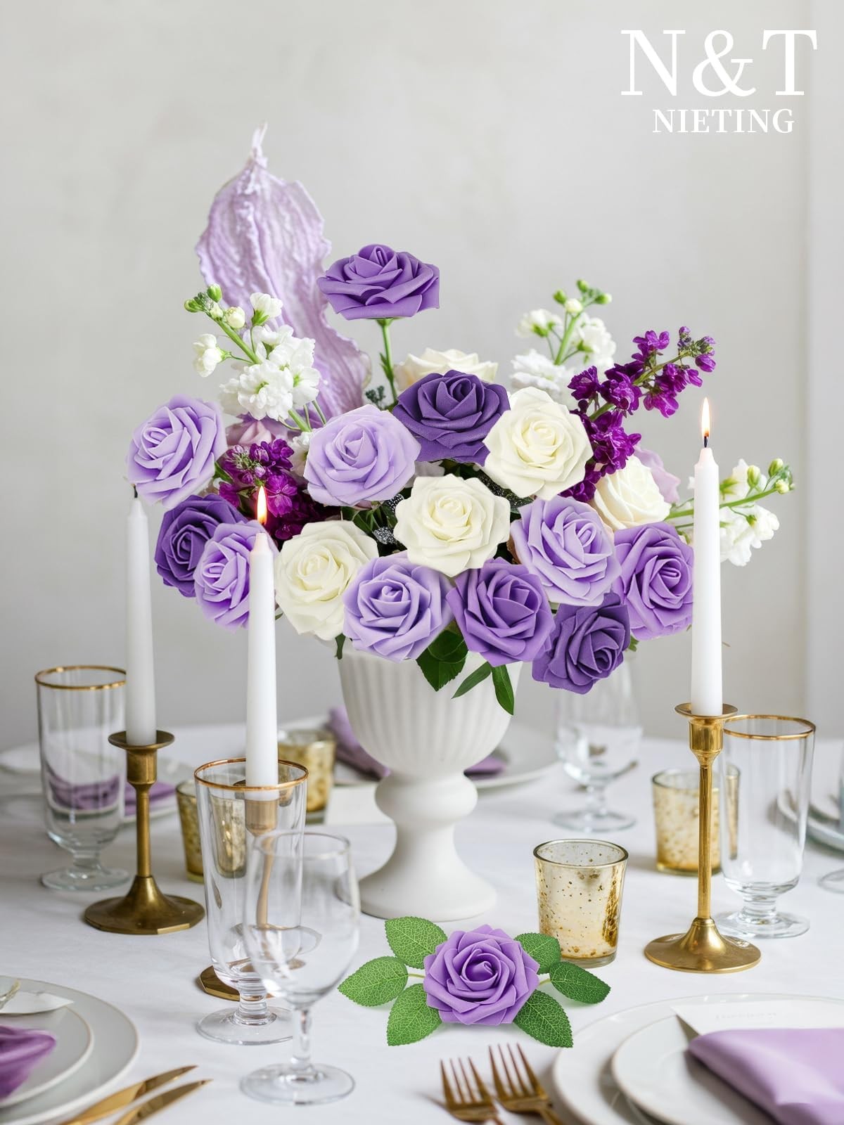 N&T NIETING Purple Roses Artificial Flowers 25Pcs Fake Flowers Foam Roses with S