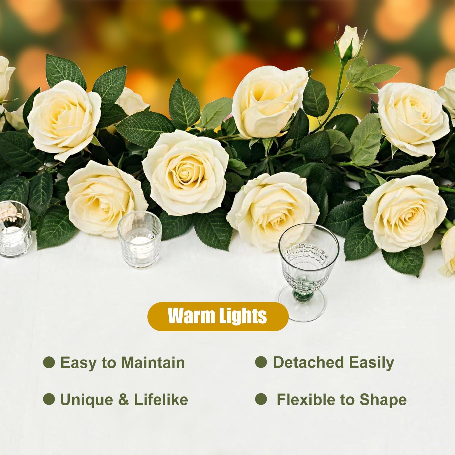 Flower Garland with Lights, 2 Packs 7FT White Floral Rose Flower Eucalyptus G…