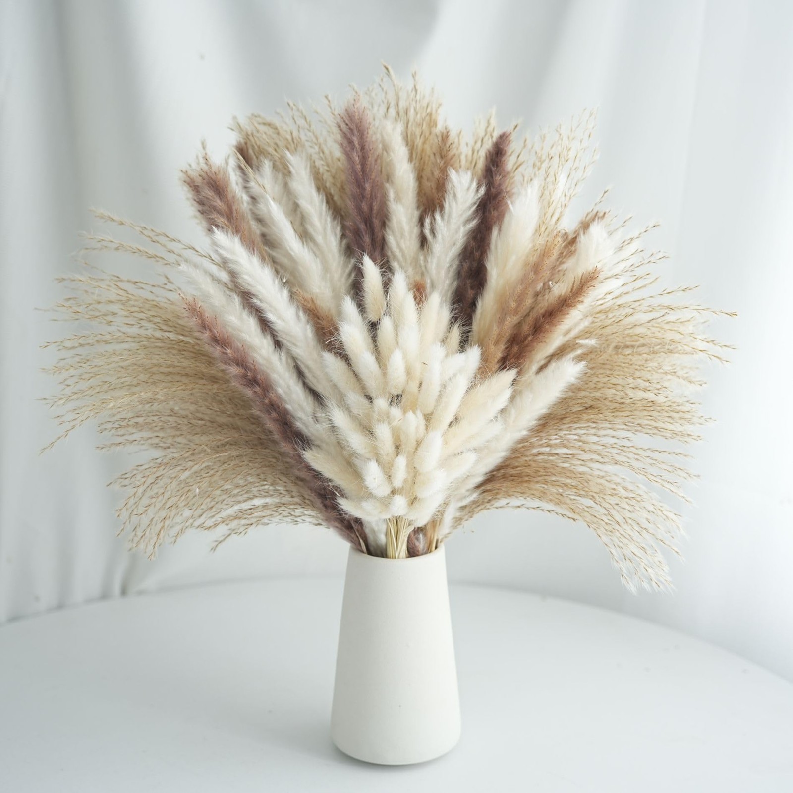 100 Pcs Natural Dried Pampas Grass & White Bunny Tails, 17″ Fluffy Boho Decor…