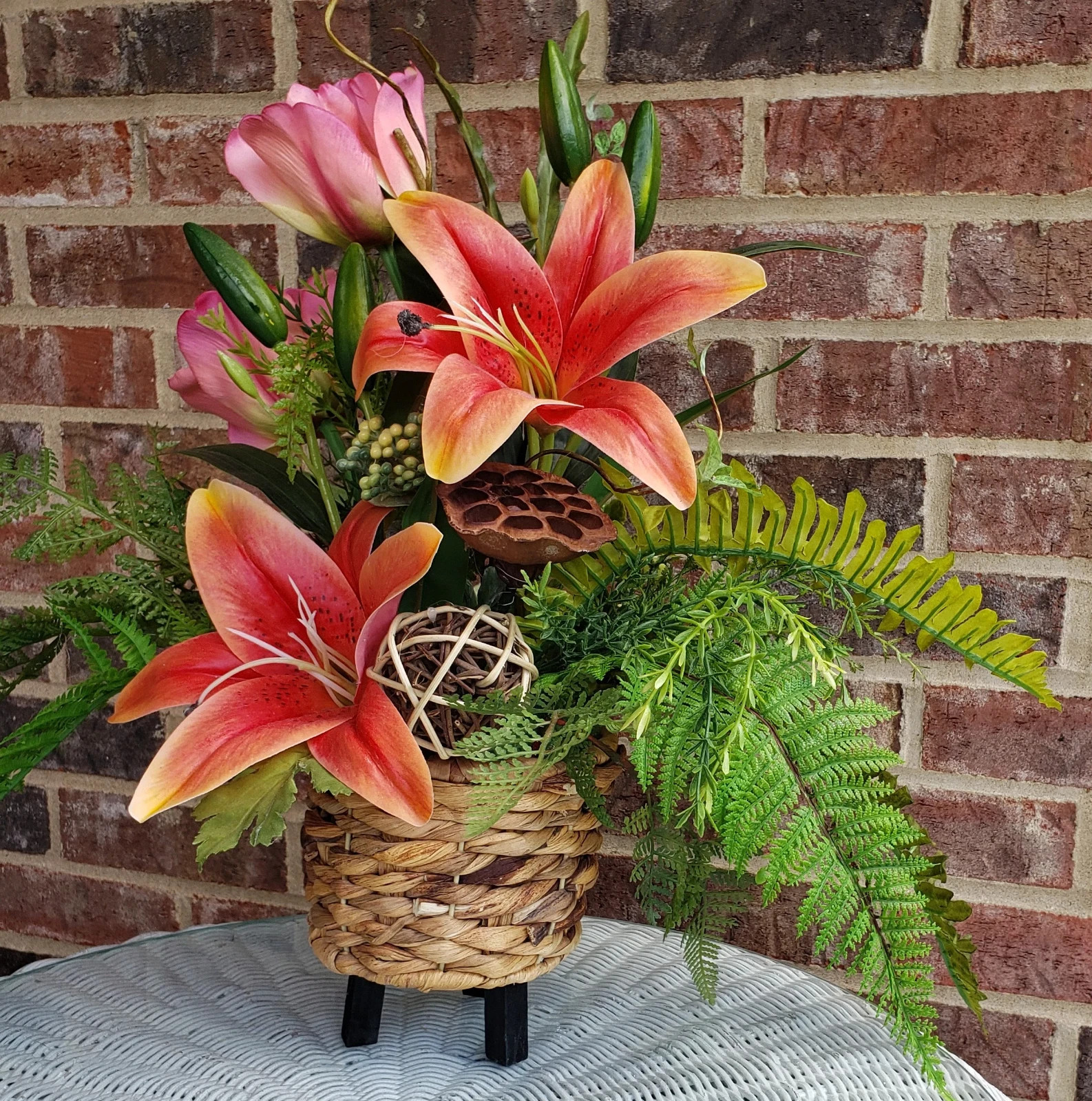 Orange Lily & Pink Tulip Arrangement: Spring Basket Floral, Silk Floral Decor