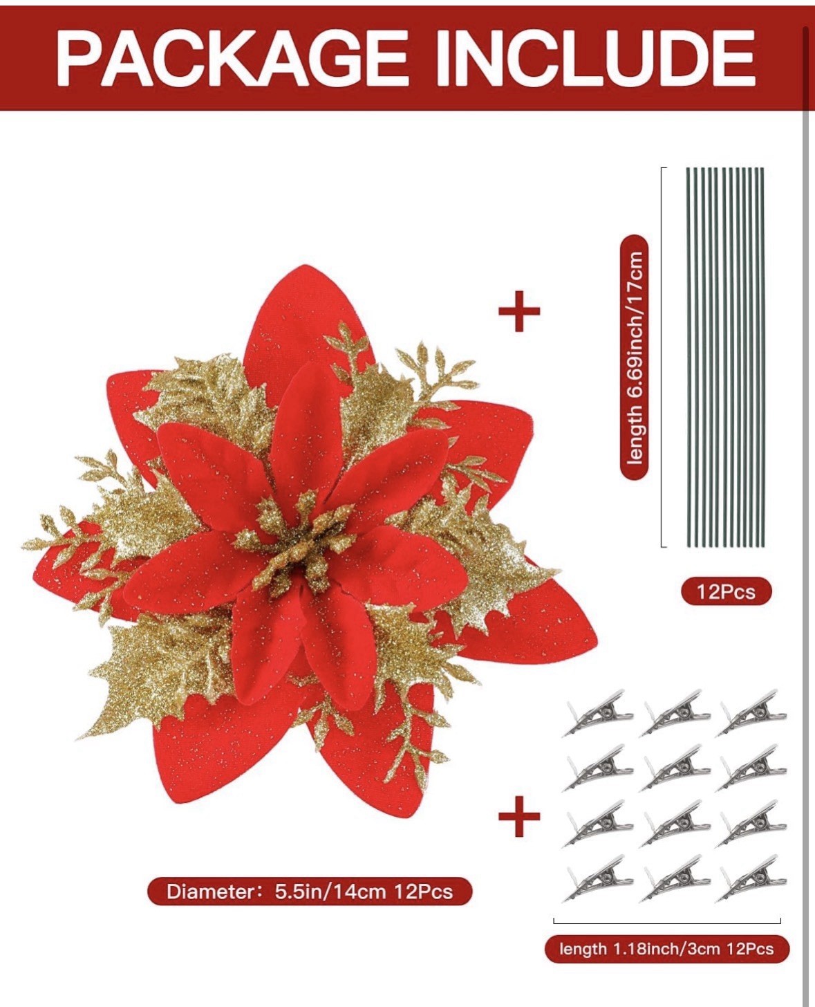 12pc Red/Gold Articial Glitter Poinsettia Flowers Clips & Stems Christmas 5.5in
