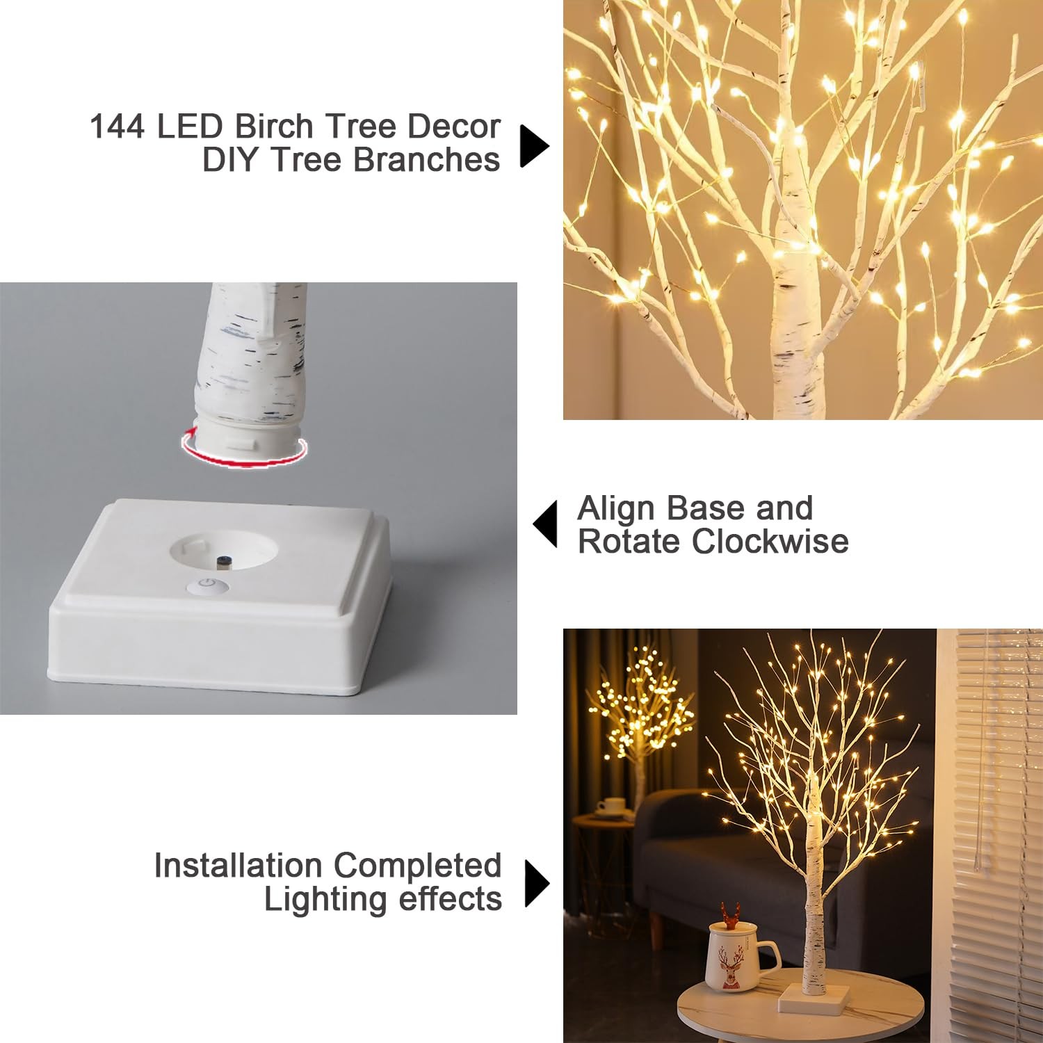 Lighted Trees for Indoor Decor, 24”2FT White Birch Tree with 144 LED Lights, …