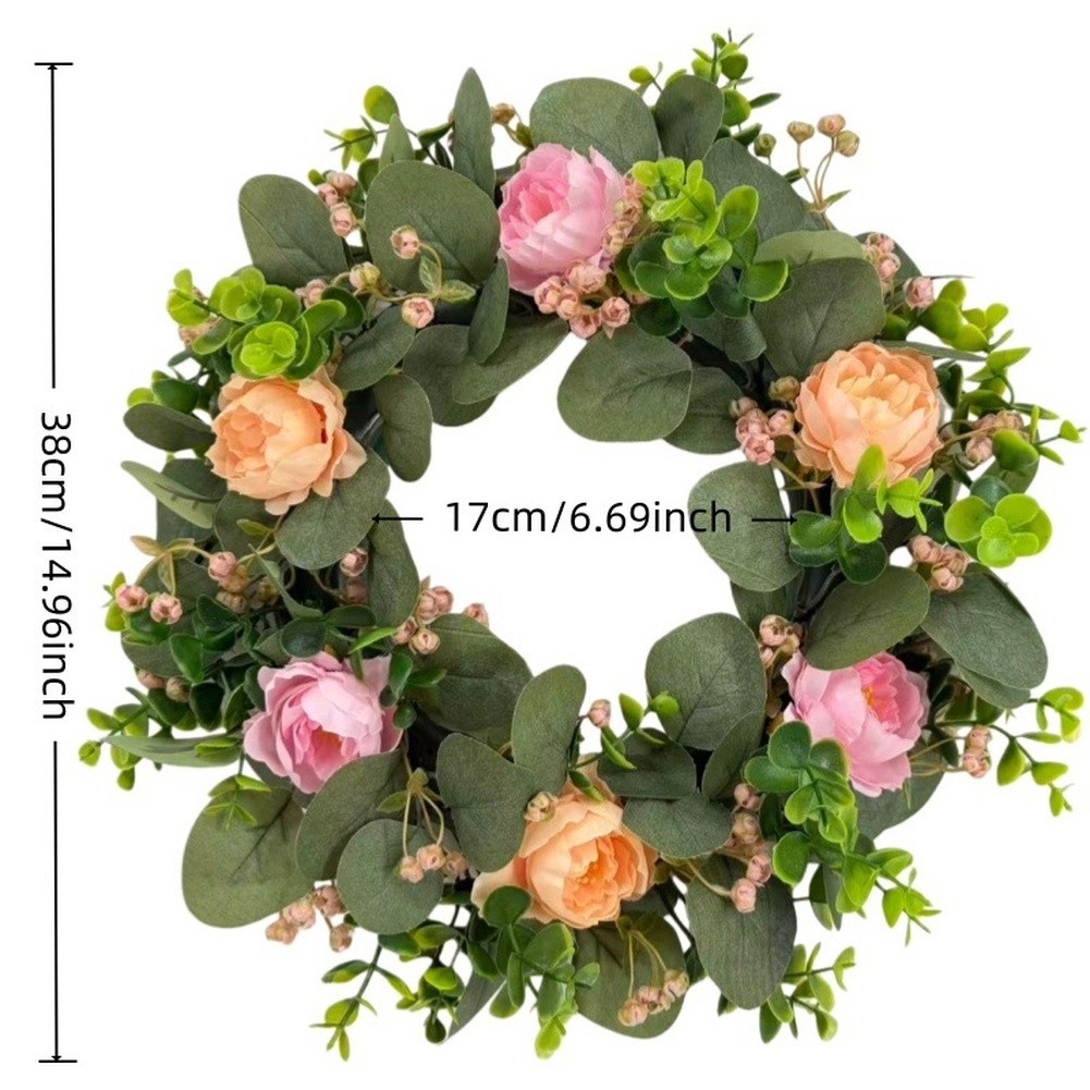 For Home Decor Artificial Wreath 38cm with Peonies Eucalyptus Plastic Material