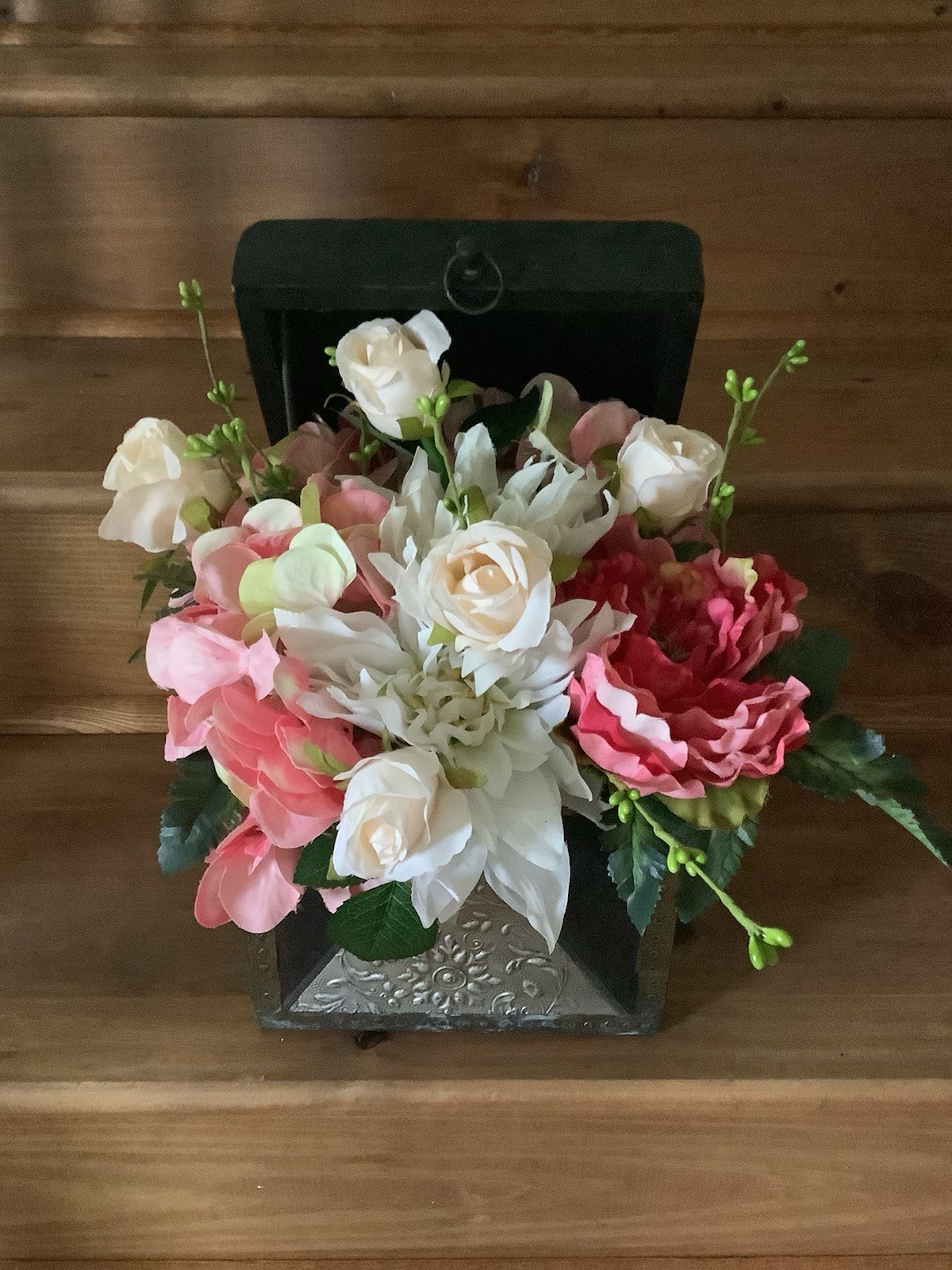 Artificial Pink & White Rose Floral Arrangement Centerpiece, Green, Table Decor