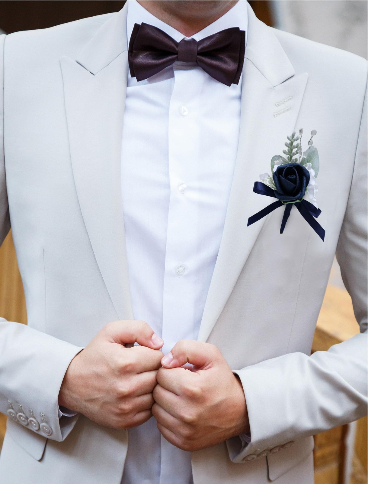 6 PCS Rose Boutonniere Men Artificial Flowers Wedding Groom Navy Blue