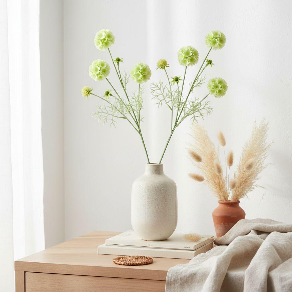 Artificial Scabiosa Flower Stems Green White Faux Wildflower Cottage Floral Fill