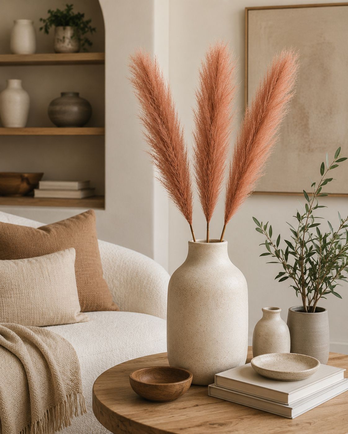 Faux Pampas Grass Bundle | 3 Chestnut Brown Pampas Stems | 26 Inch Tall Artifici