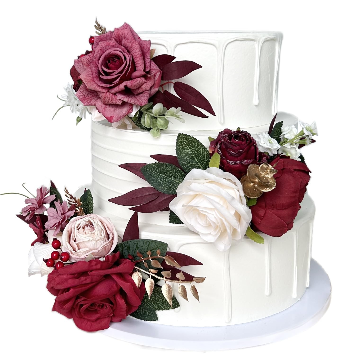 Burgundy Gold Silk Flowers For Cakes Dark Red Artificial Rose Peony Toppers