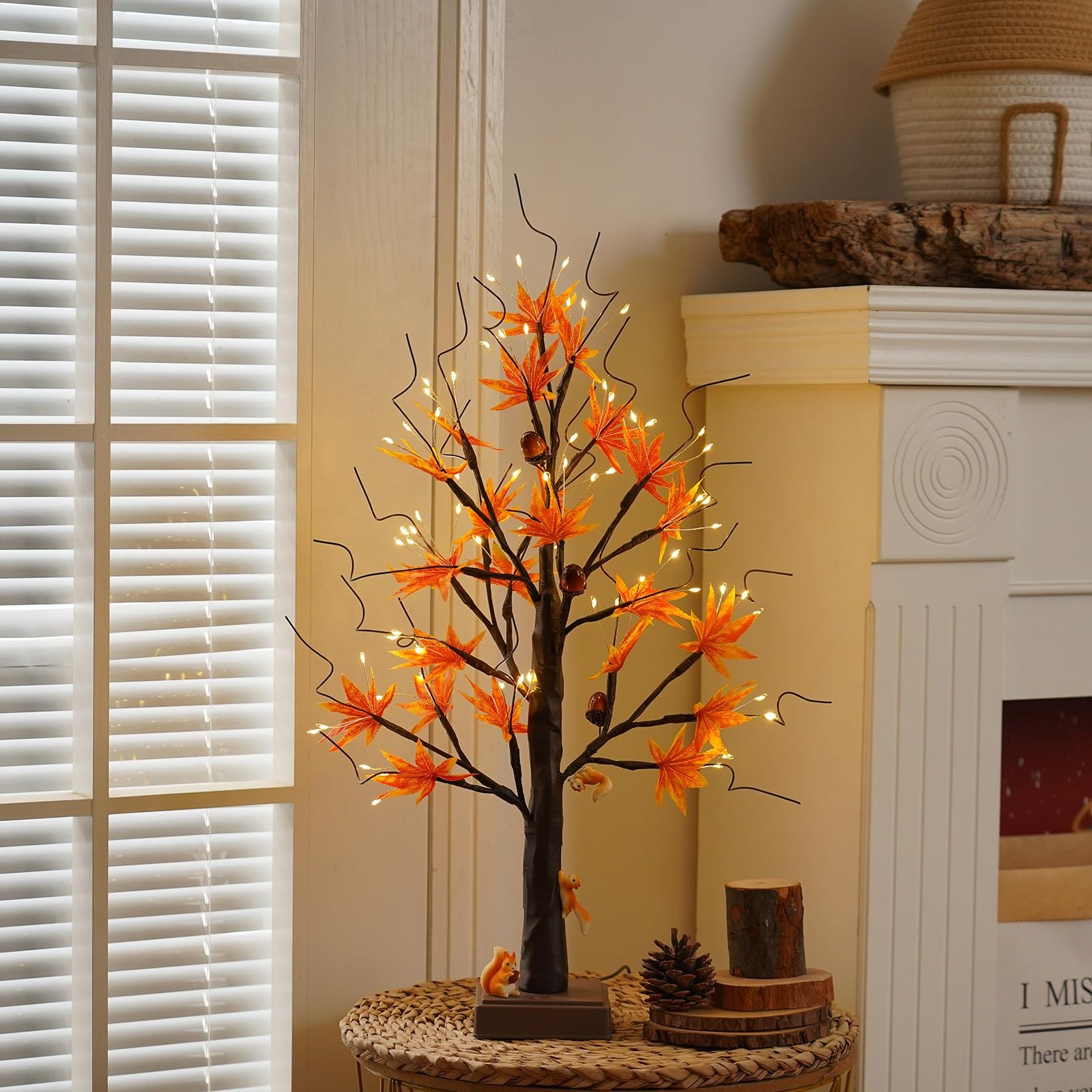 24” 72 LED Fall Decorations for Home, Birch Tree Lighted Fall Maple Leaves Ar…