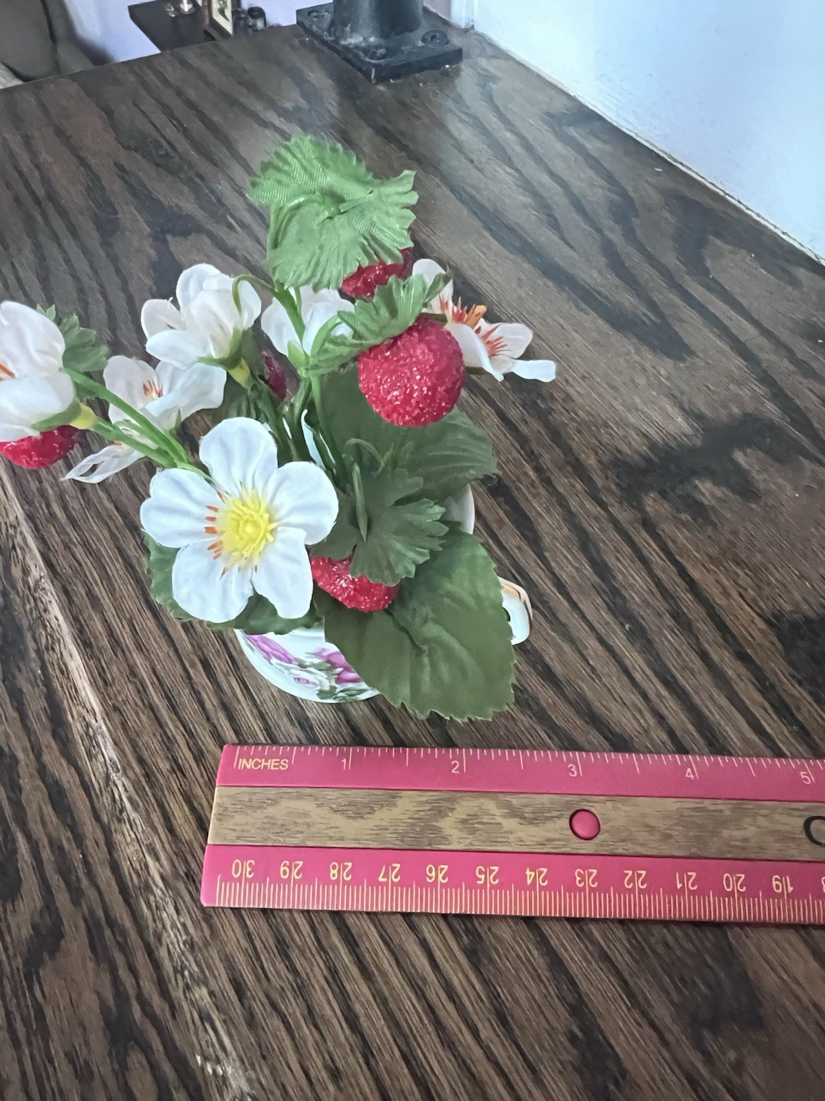 Porcelain Artificial Strawberry Floral Arrangement in Teacup Cottage Core Decor
