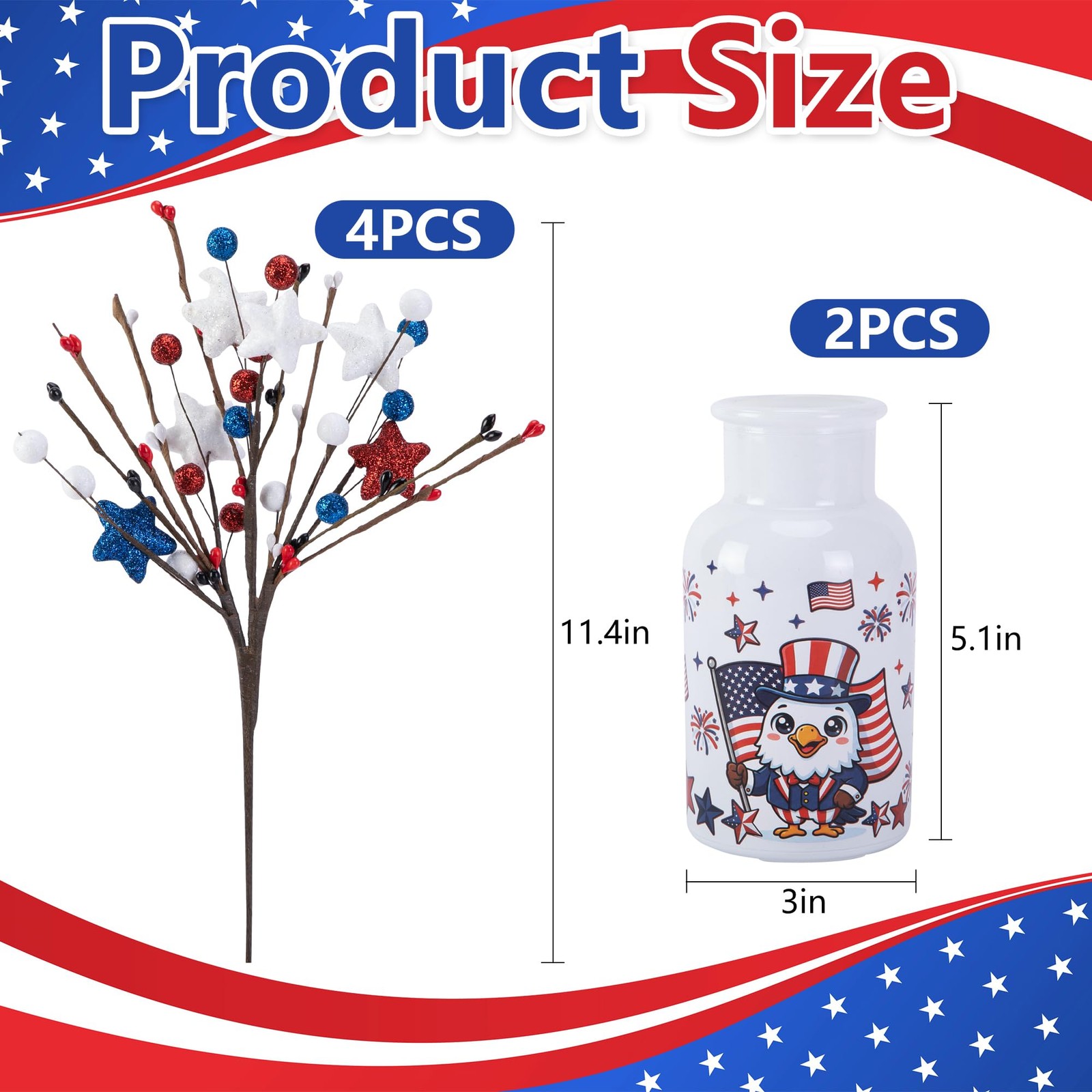 2 Set Patriotic Artificial Flower Stems with Glass Vase, 4th of July Artifici…