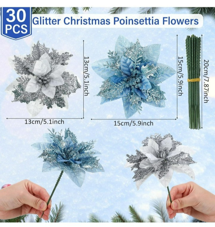 glitter poinsettia blue/green silvery white 30pcs