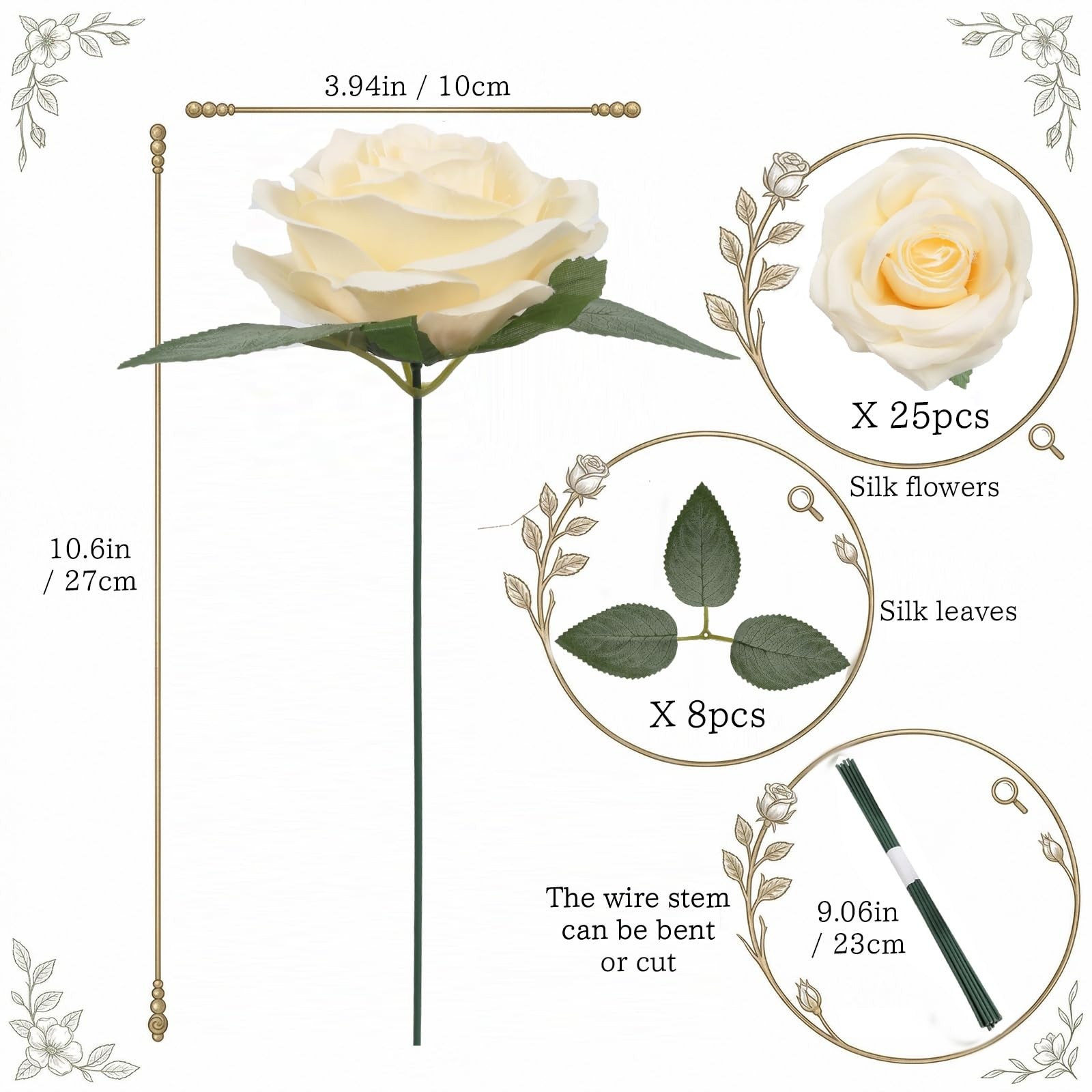 25PCS Champagne Roses Artificial Flowers 3.94″ Large Silk Roses with Stems Re…