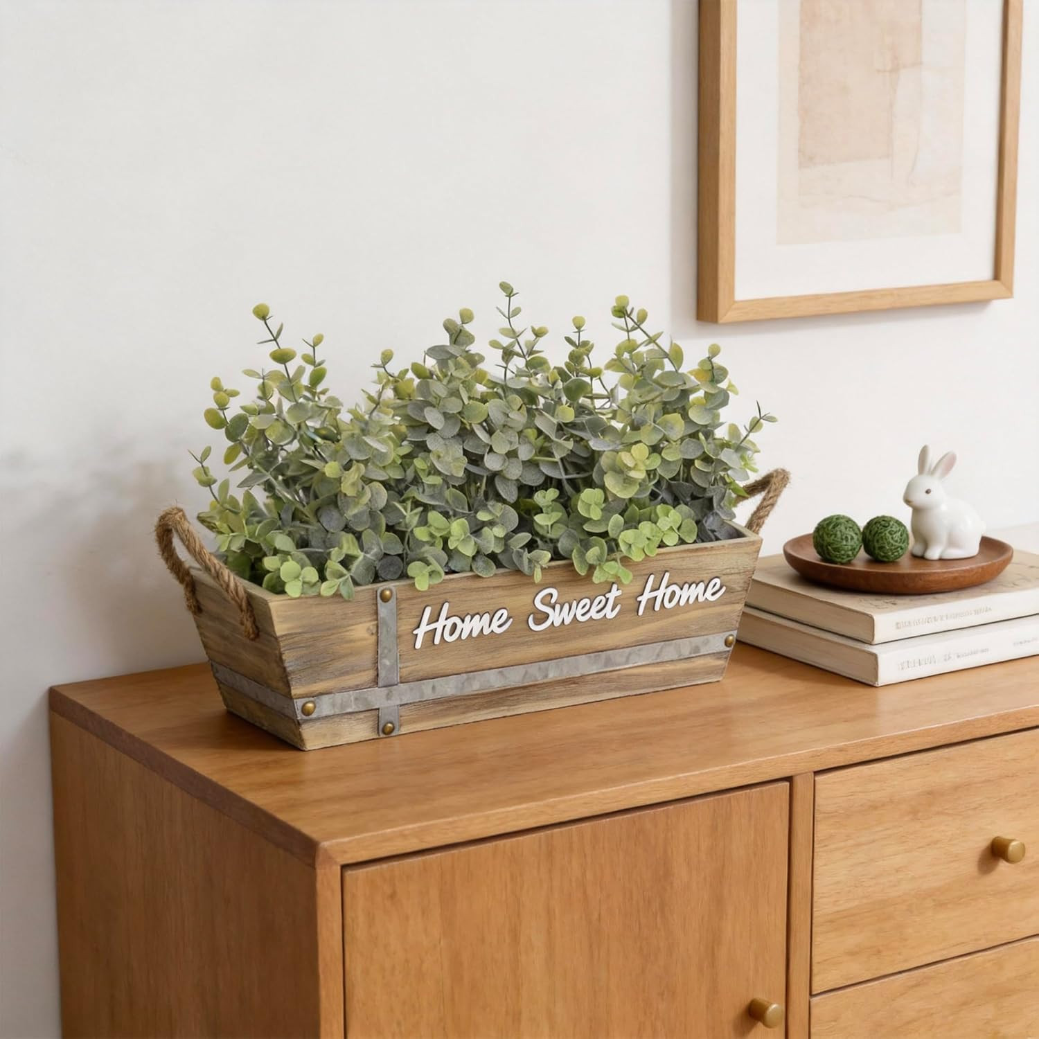Artificial Eucalyptus Table Centerpiece in Wooden Box, Faux Greenery Arrangement