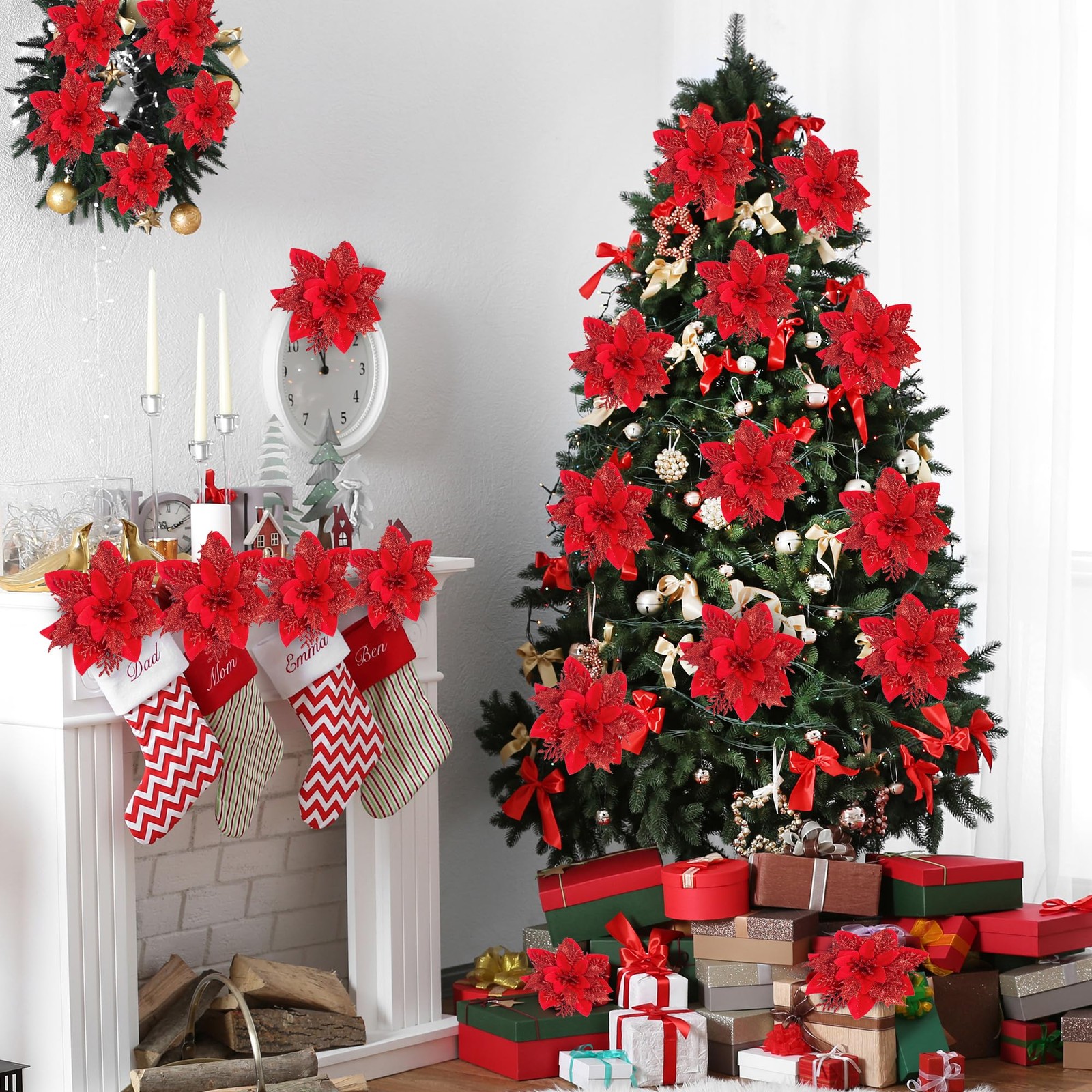 24 PCS Bright Red Christmas Glitter Poinsettia Flowers Tree Ornaments Clips