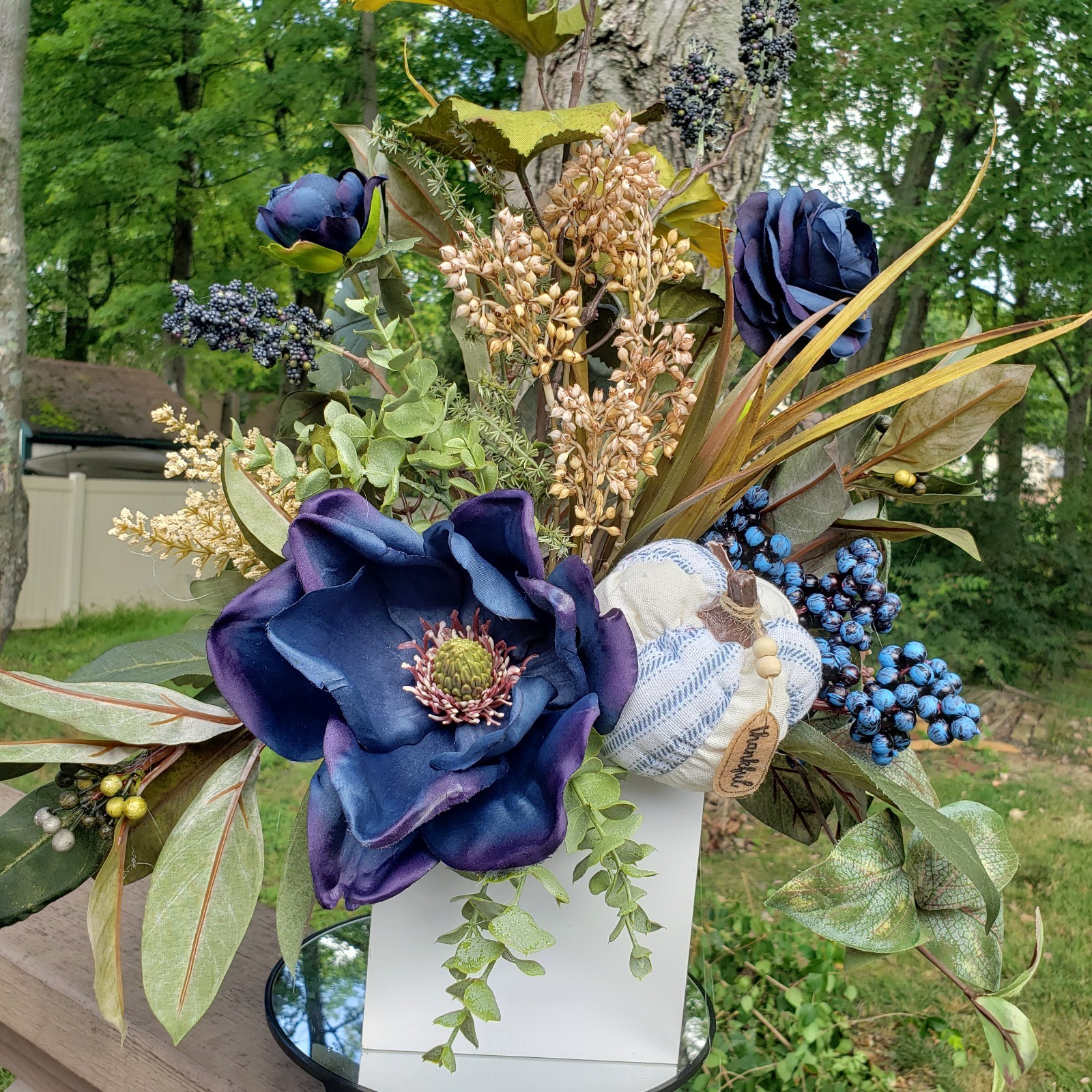 Navy Blue Fall Floral Arrangement Pumpkin Accent, Autumn Magnolia Arrangement