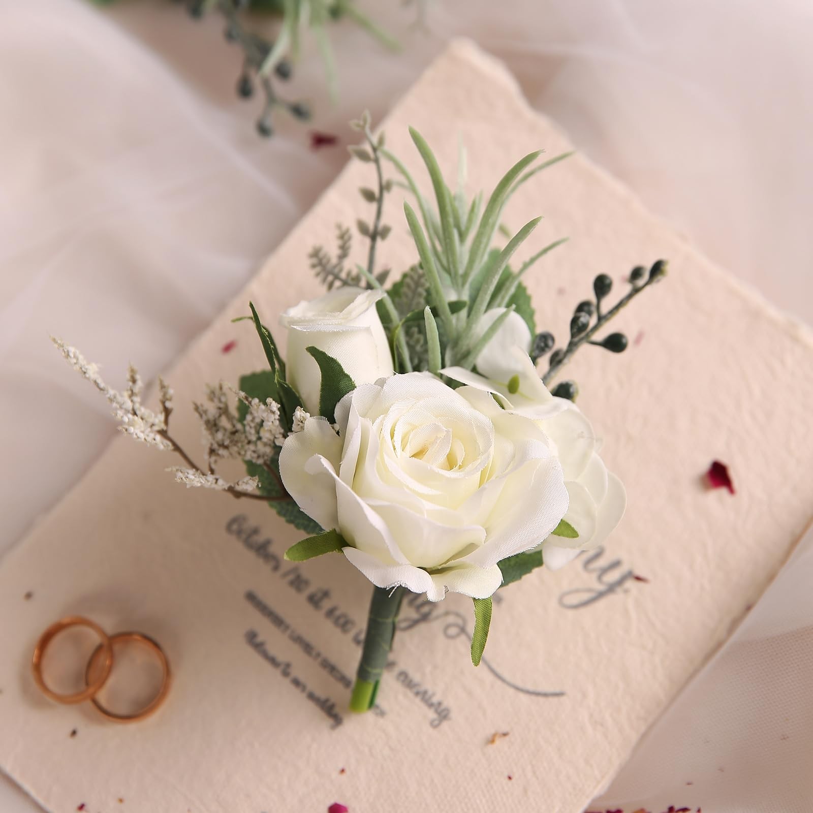 White Faux Silk Rose Corsage and Boutonniere Set for Wedding Prom