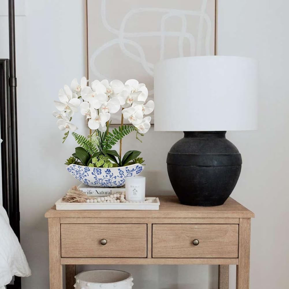 Lifelike 18in White Silk Orchid Centerpiece in Stylish Ceramic Vase for Any Room