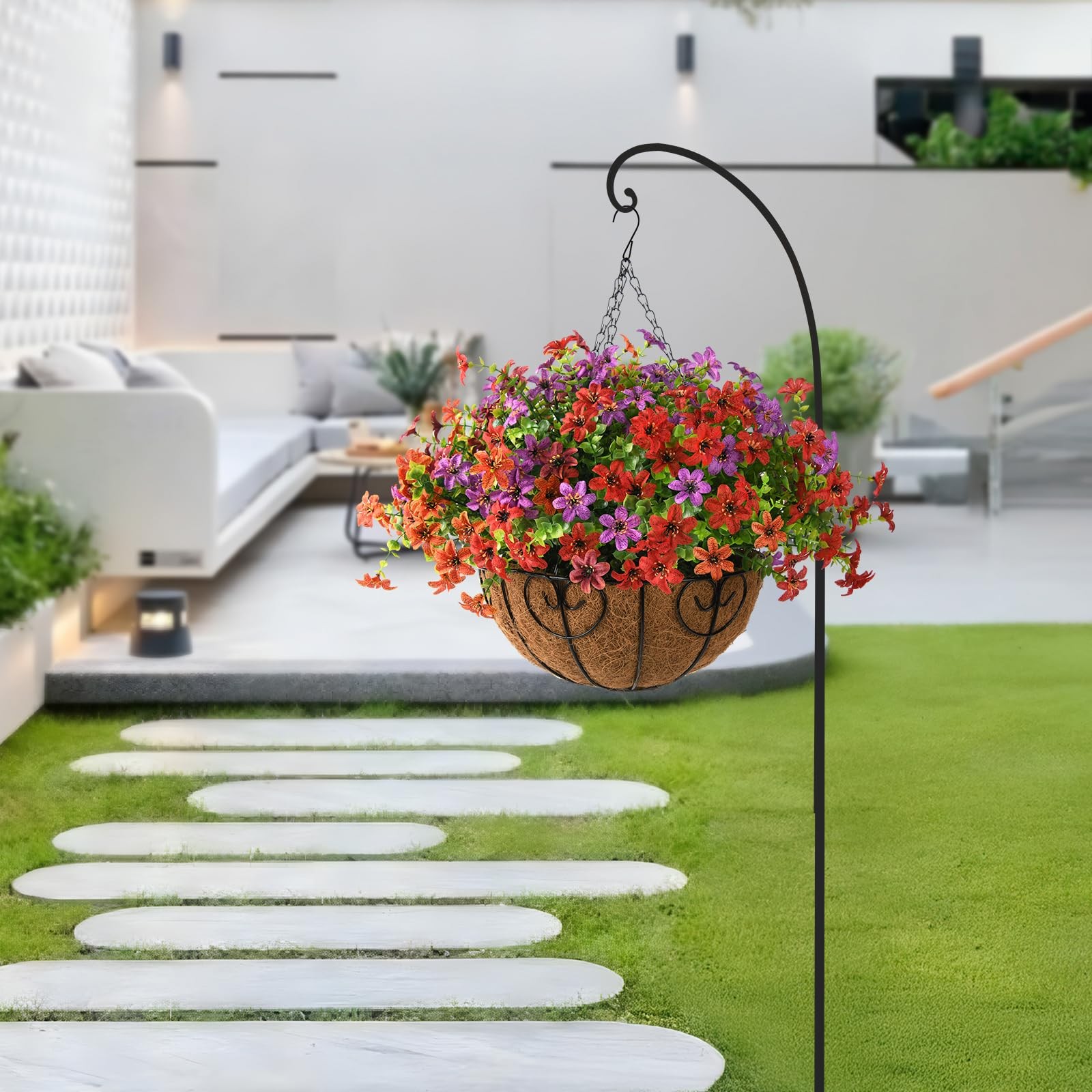 INQCMY Artificial Flowers Fake Plants with Hanging Basket for Outdoors 12 Pcs