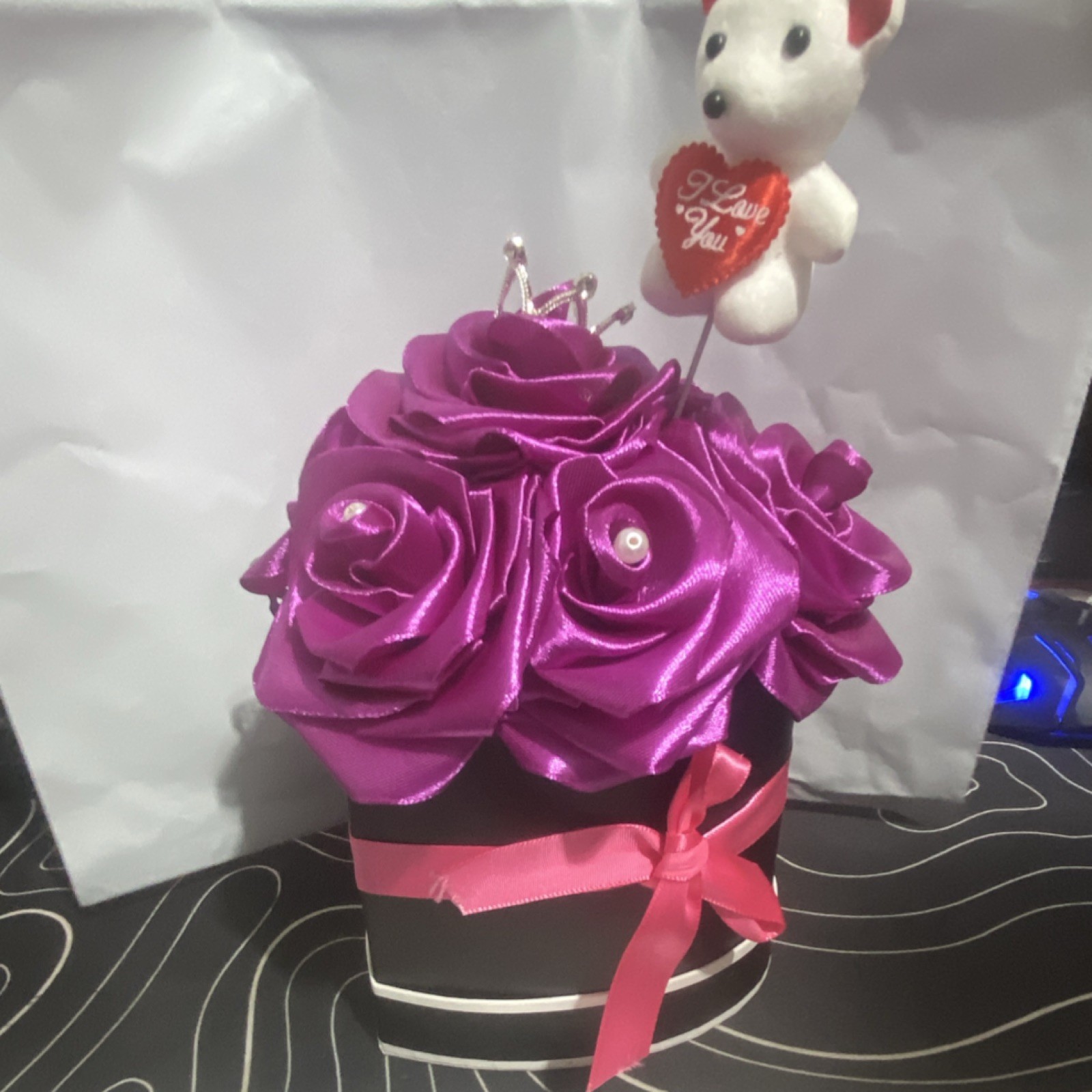 Artificial Rose Flower Box Purple with Teddy Bear Valentine’s Day Centerpiece