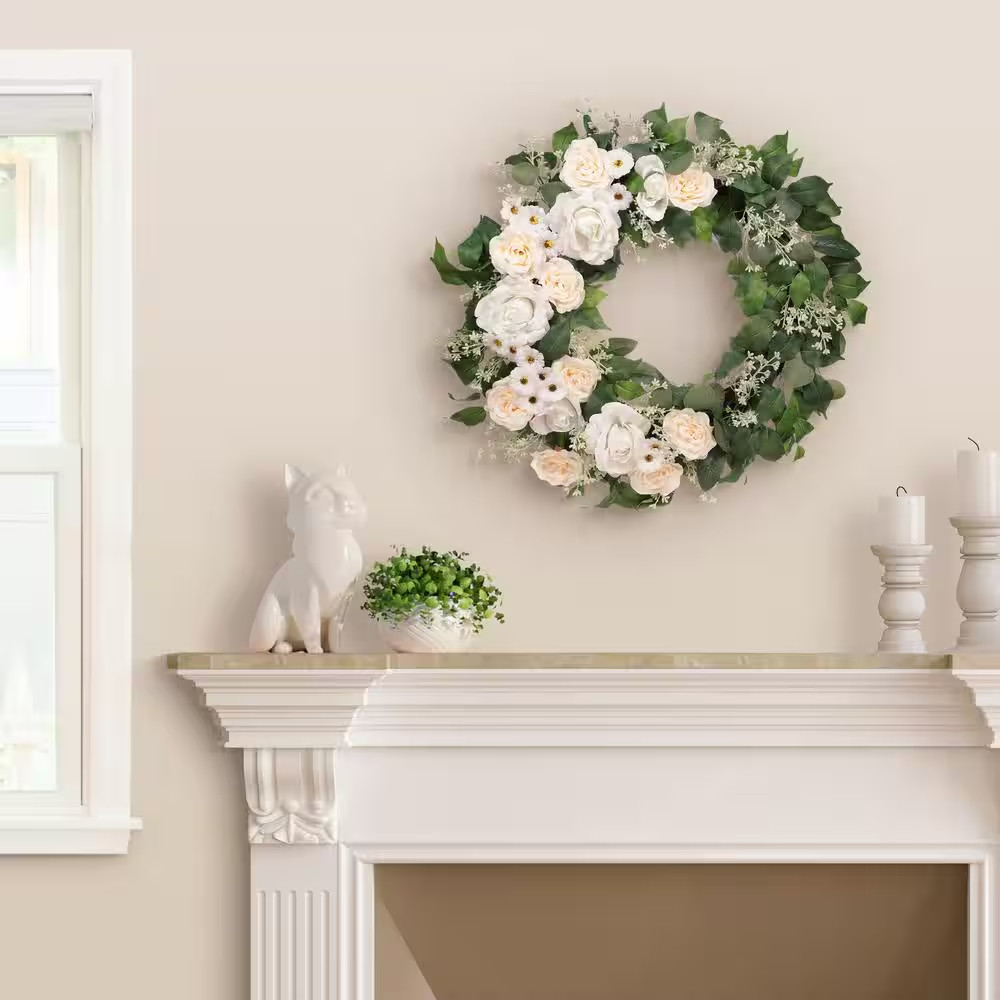 30 In. Artificial Rose, Camellia, Babysbreath Floral Spring Wreath with Green Le