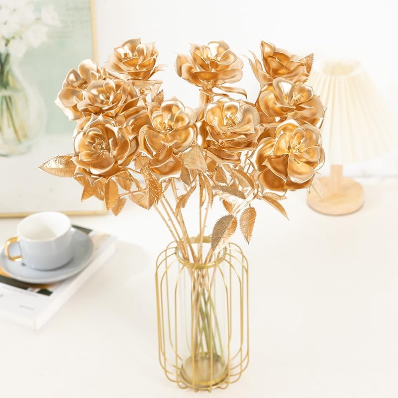 5 Pcs Artificial Golden Roses Flowers 20 Inches Artificial Rose Fake Rose Flo…