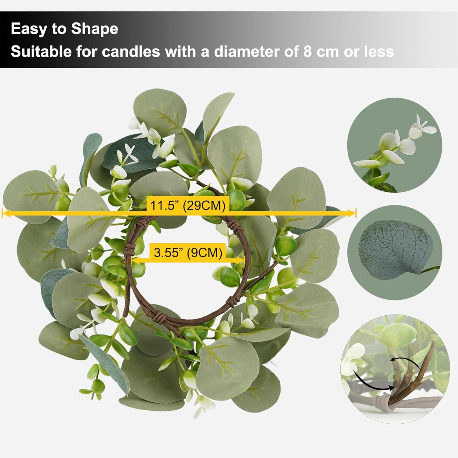 4pcs Artificial Eucalyptus Leaves Candle Rings, Wreaths of Pillar Candles for We