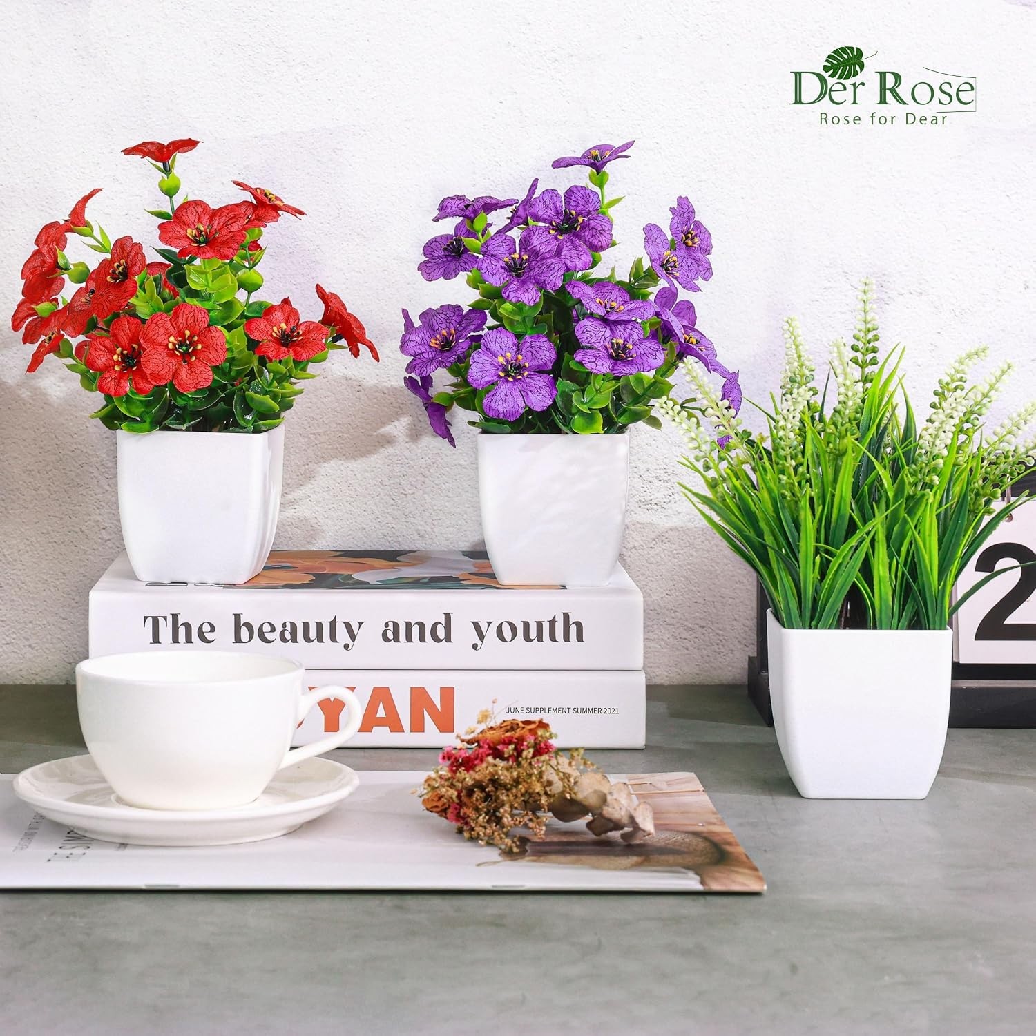 Fake Plants 4 Pack Small Artificial Flowers in White Pots for Desk Bathroom S…