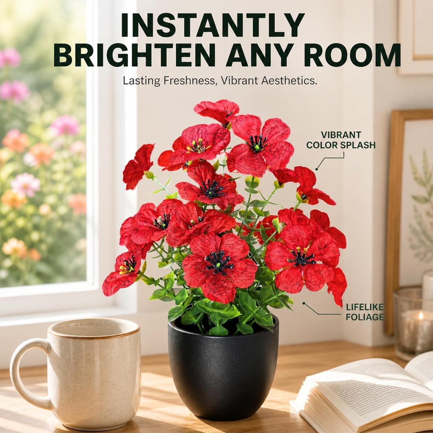 Small Fake Plants 4 Packs Artificial Flowers in Pots Home Decor Fake Flowers
