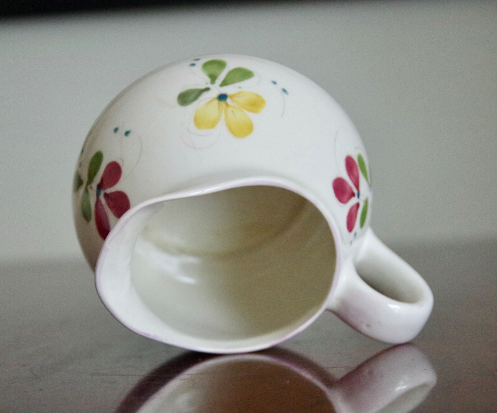 Vintage Hand Painted Portugal Floral Pitcher With Silk Lilac Arrangement