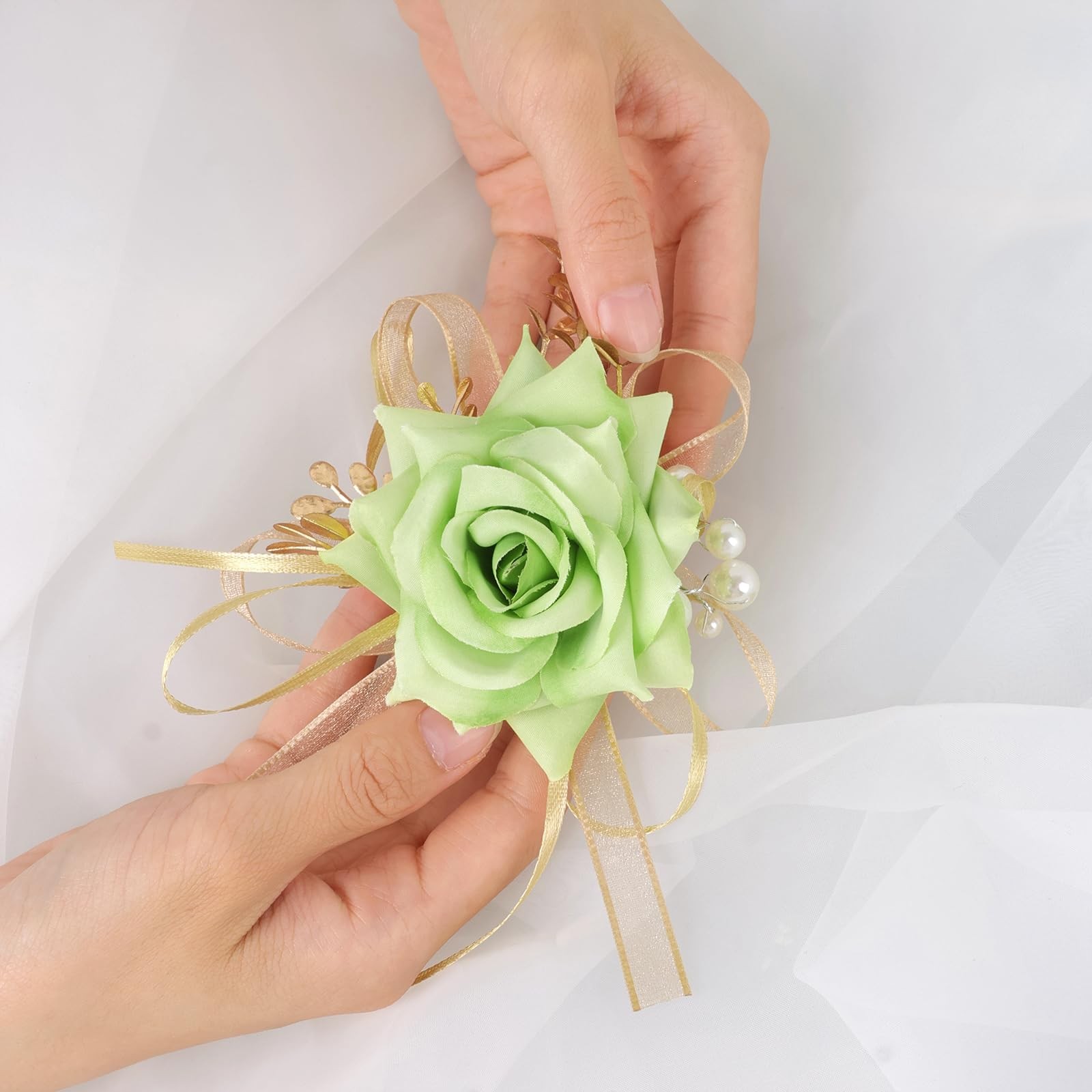 2 PCS Light Green Wrist Corsage Boutonniere Set Artificial Flowers Prom Wed