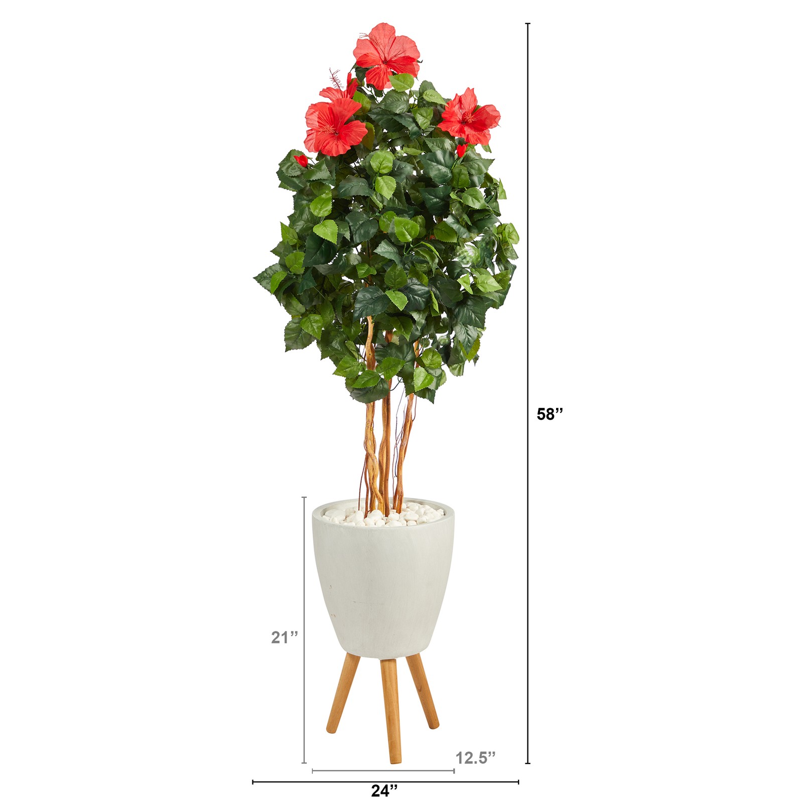 Nearly Natural 58″ Hibiscus Artificial Tree in White Planter with Stand in Green