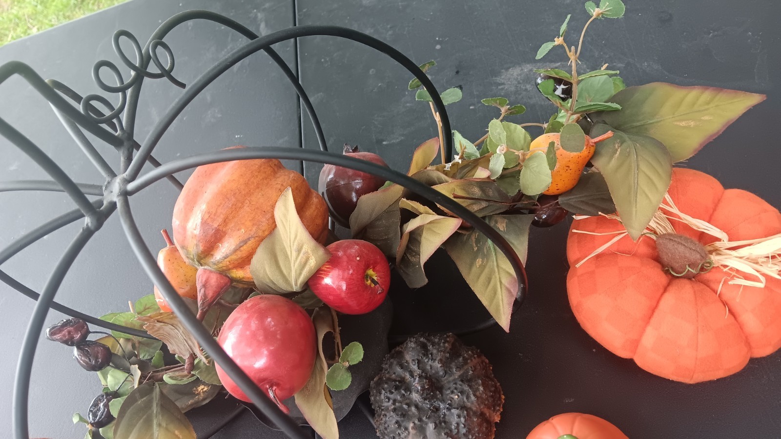 Artificial Pumpkin Apple Centerpiece in Black Metal Frame Halloween 12×24″