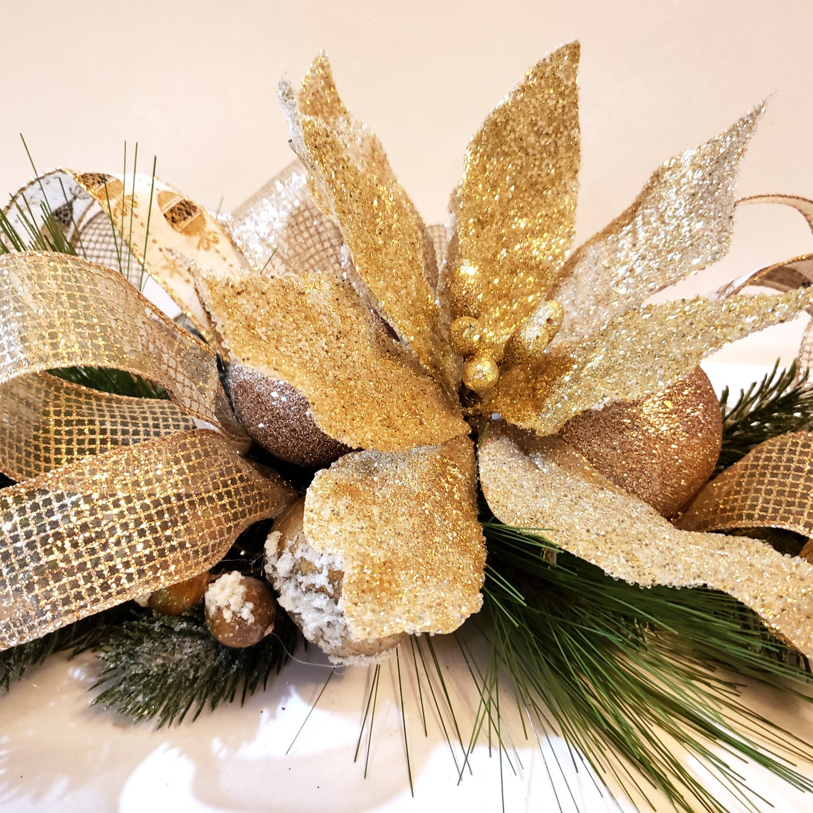 Gold poinsettia Christmas centerpiece, Christmas table swag, Mantel swag, mirror