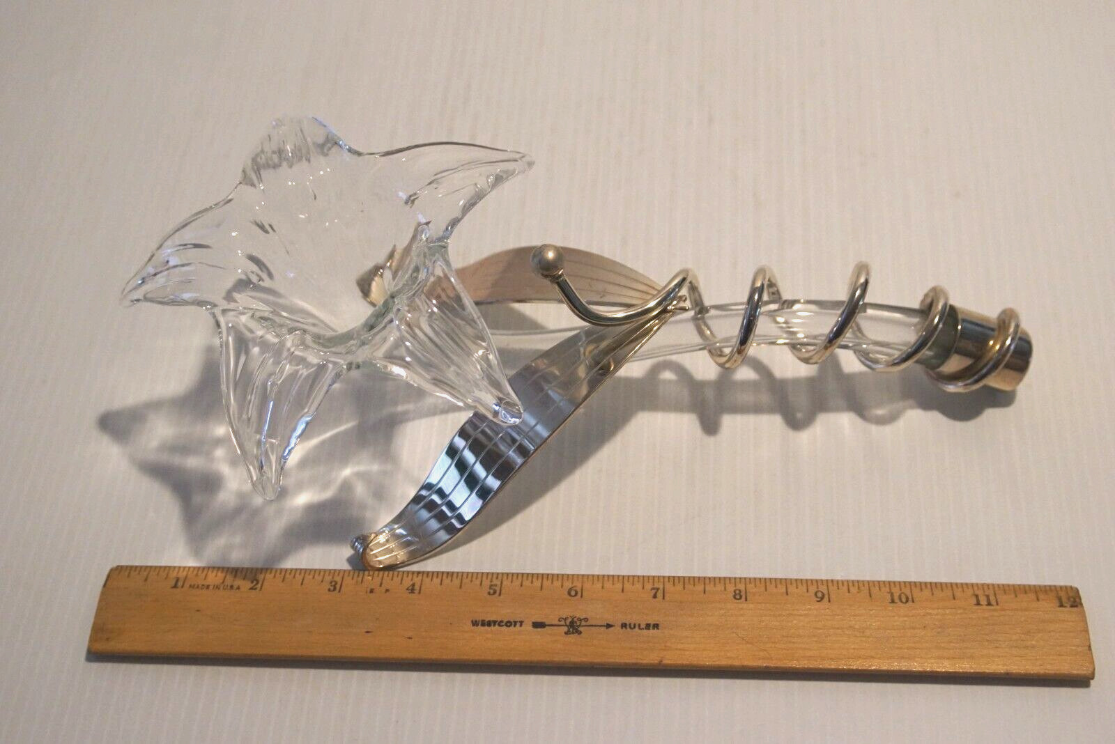 Vintage Blown Clear Glass Flower & Silver Plate Stand/Holder, 12″ Art Deco Syle