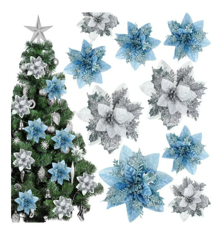 glitter poinsettia blue/green silvery white 30pcs