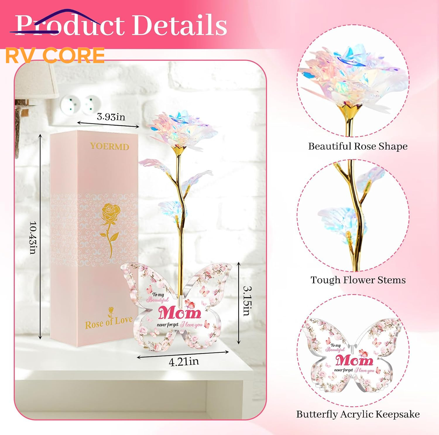 Pink Preserved Galaxy Rose Butterfly Stand Gift for Mom Mother’s Day Birthday