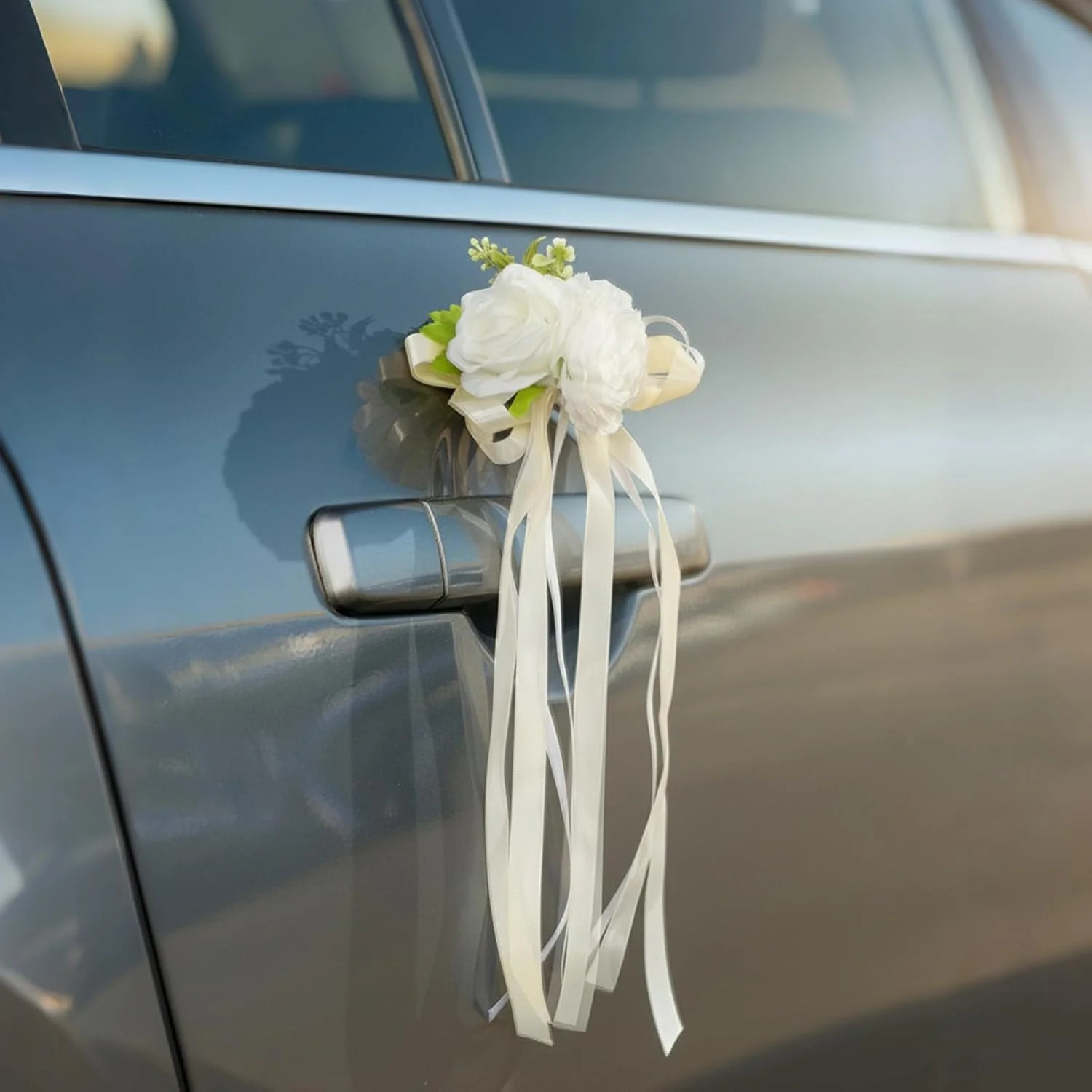 6 PCS White Rose & Peony Wedding Car Decoration Kit – Floral Bouquet Car Door Ha