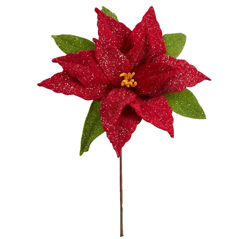 Red Glittered Artificial Poinsettia 11-1/2″ Floral Stem