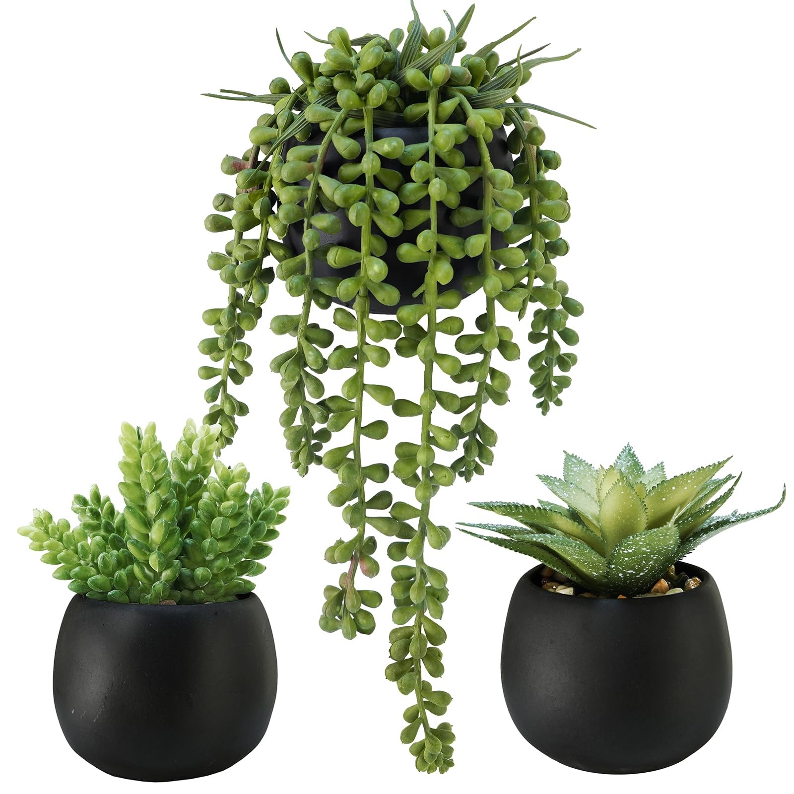 Set of 3 Artificial Succulents Plants in Black Cement Planters Faux Potted Pl…