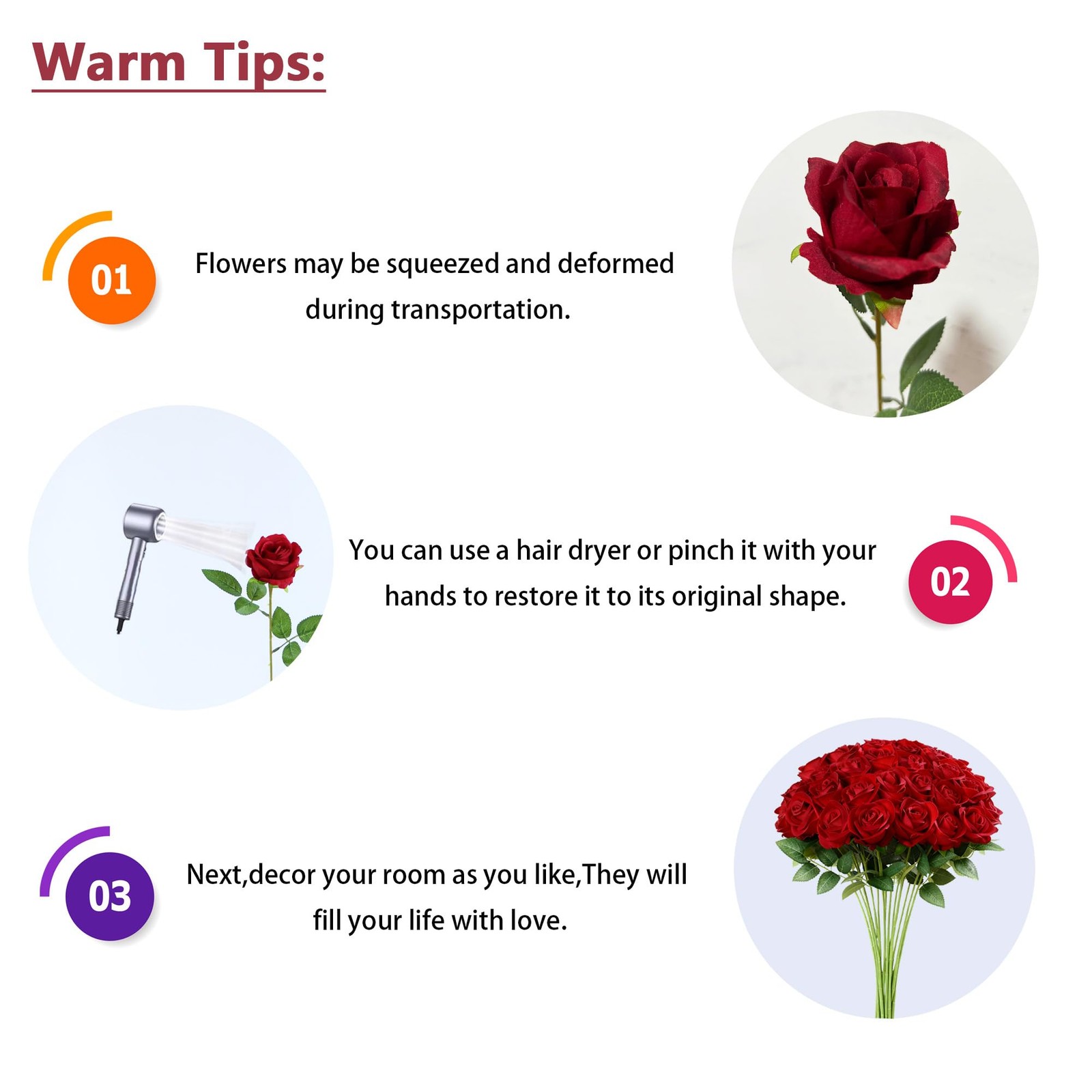 100pcs Artificial Roses in Bulk Fake Silk Roses with Stem Realistic Red Roses…